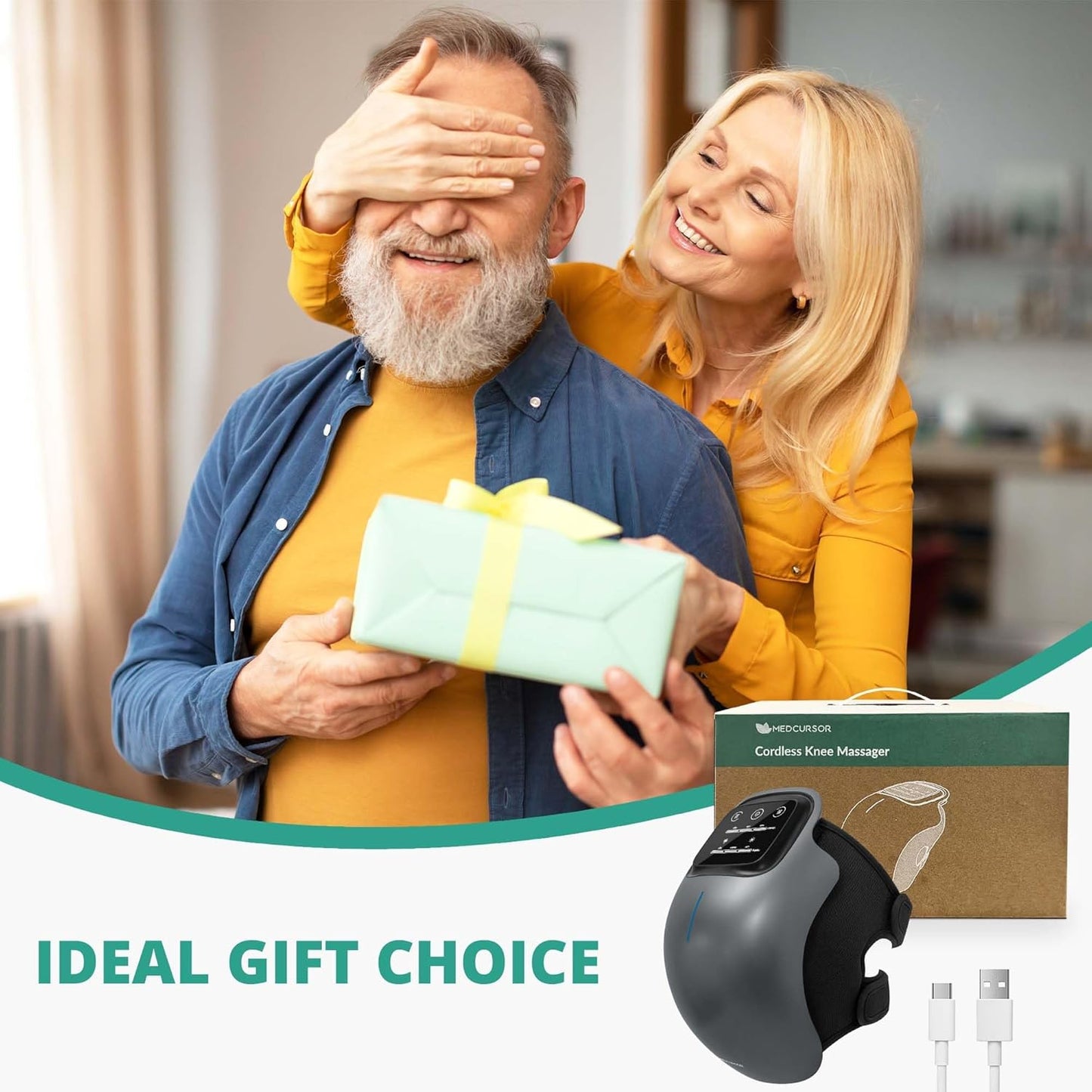 Medcursor Knee Massager with Heat, Portable Massager with 3 Heating Levels and 3 Vibration Modes, Large LED Screen, Adjustable Straps and Timer