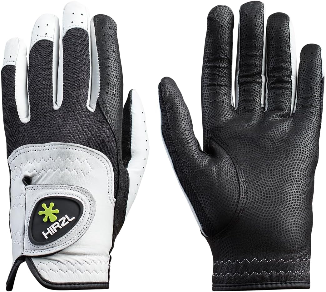 HIRZL Trust Control 2.0 Golf Glove, All Weather Mens Golf Glove, White/Black, Kangaroo Leather Palm, Cabretta Leather Backhand, Trusted by Pro’s, Sweat Free, Ultimate Grip