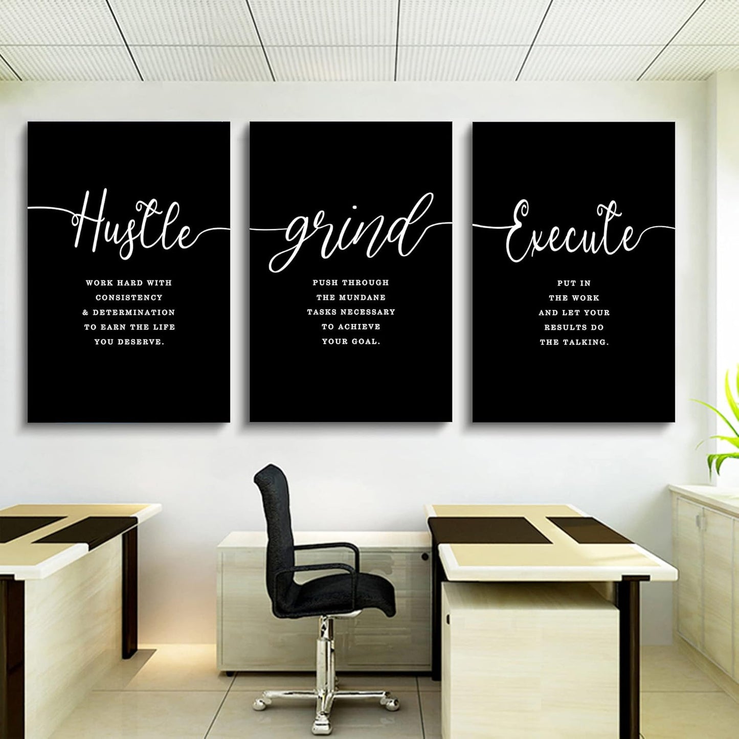 Hustle Quotes Execute Prints, Framed Canvas Wall Art Success Quote, Office Wall Art, Black Large Poster, Positive Motivational Set of 3 Prints, Boss Gift (F-3pcs,20x30inchx3pcs)