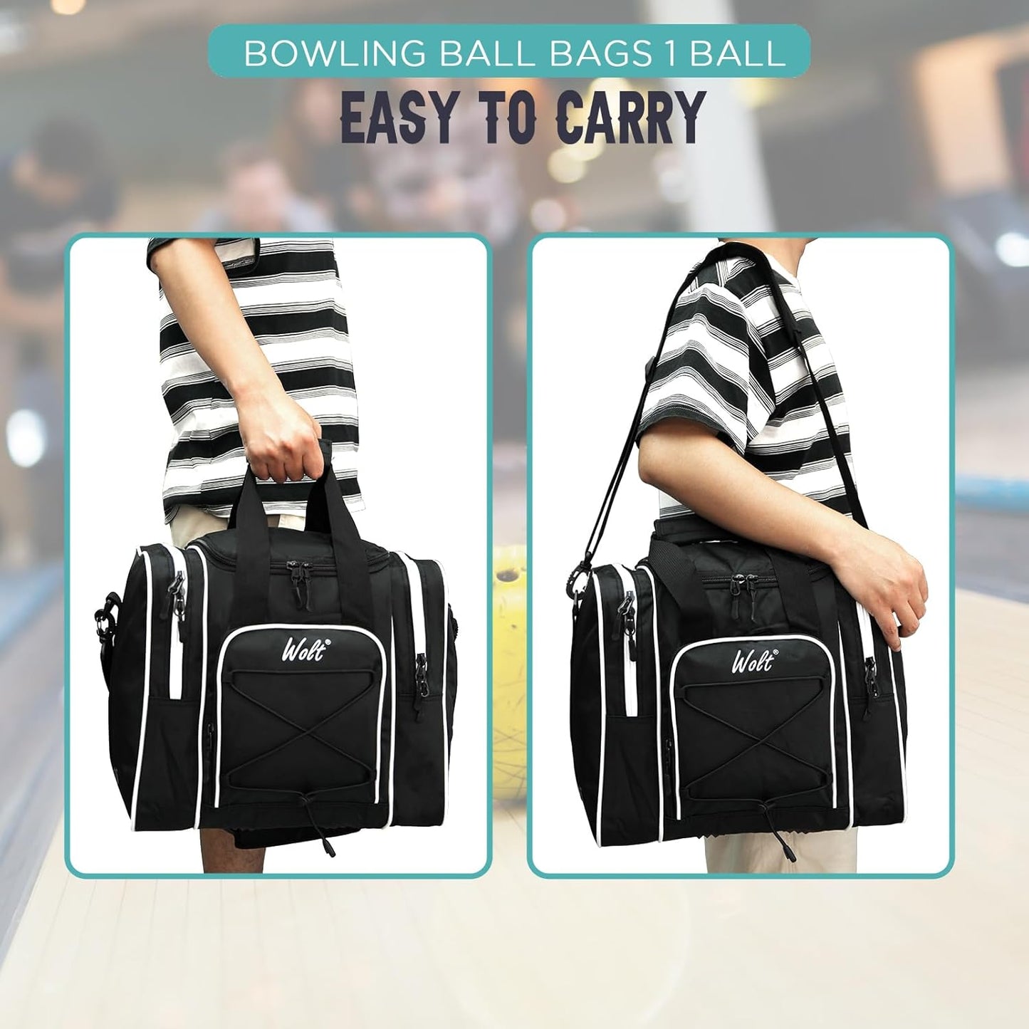 WOLT Bowling Ball Bag for Single Ball - Bowling Ball Tote Bag with Padded Ball Holder, 2 Pockets fit Bowling Shoes Up to Mens Size 14 and Accessories