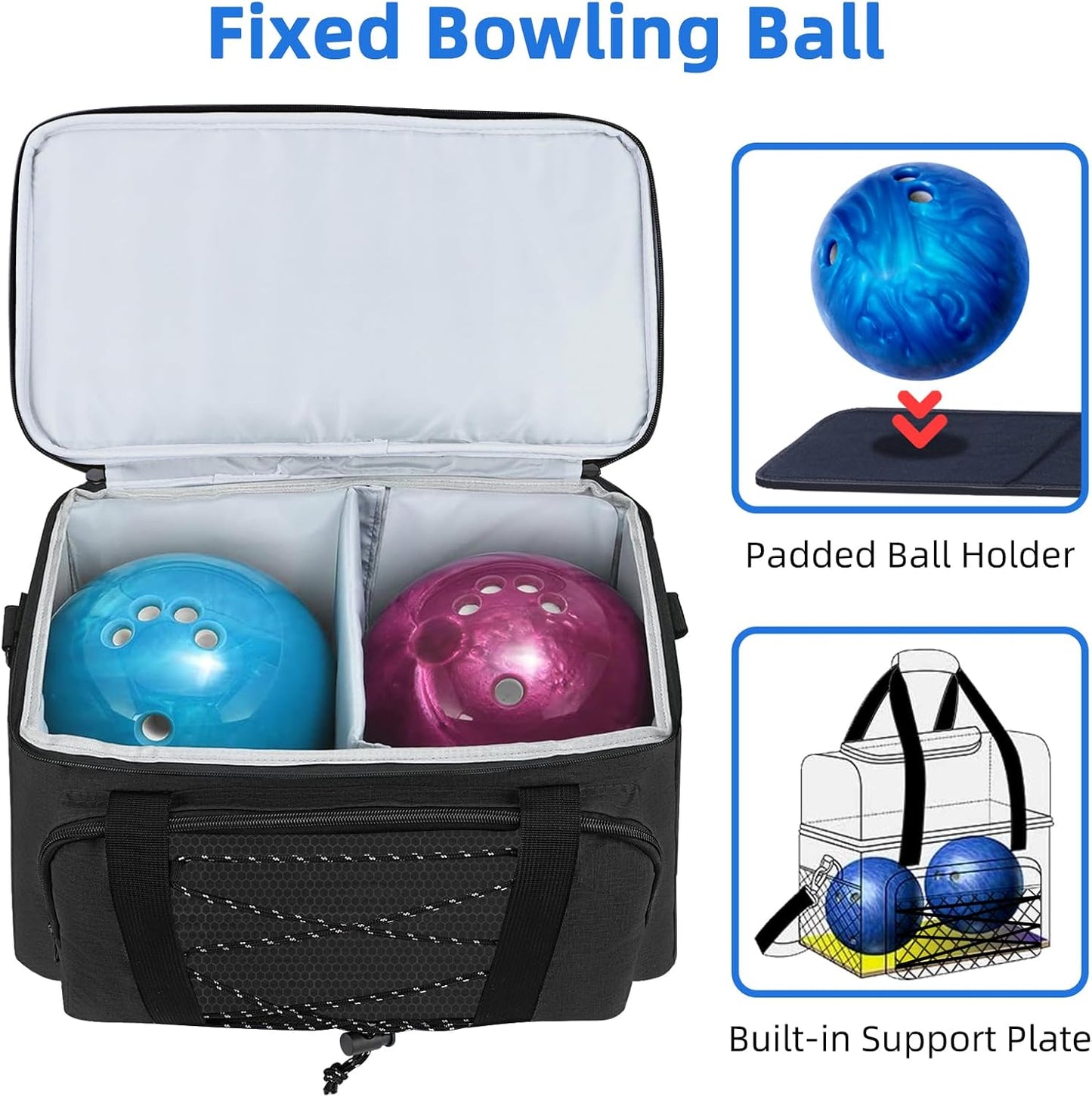 Bowling Ball Bag 2 Ball with Padded Holder Portable Double Bowling Totes with Adjustable Shoulder Strap Large Capacity Bowling Gear Organizer