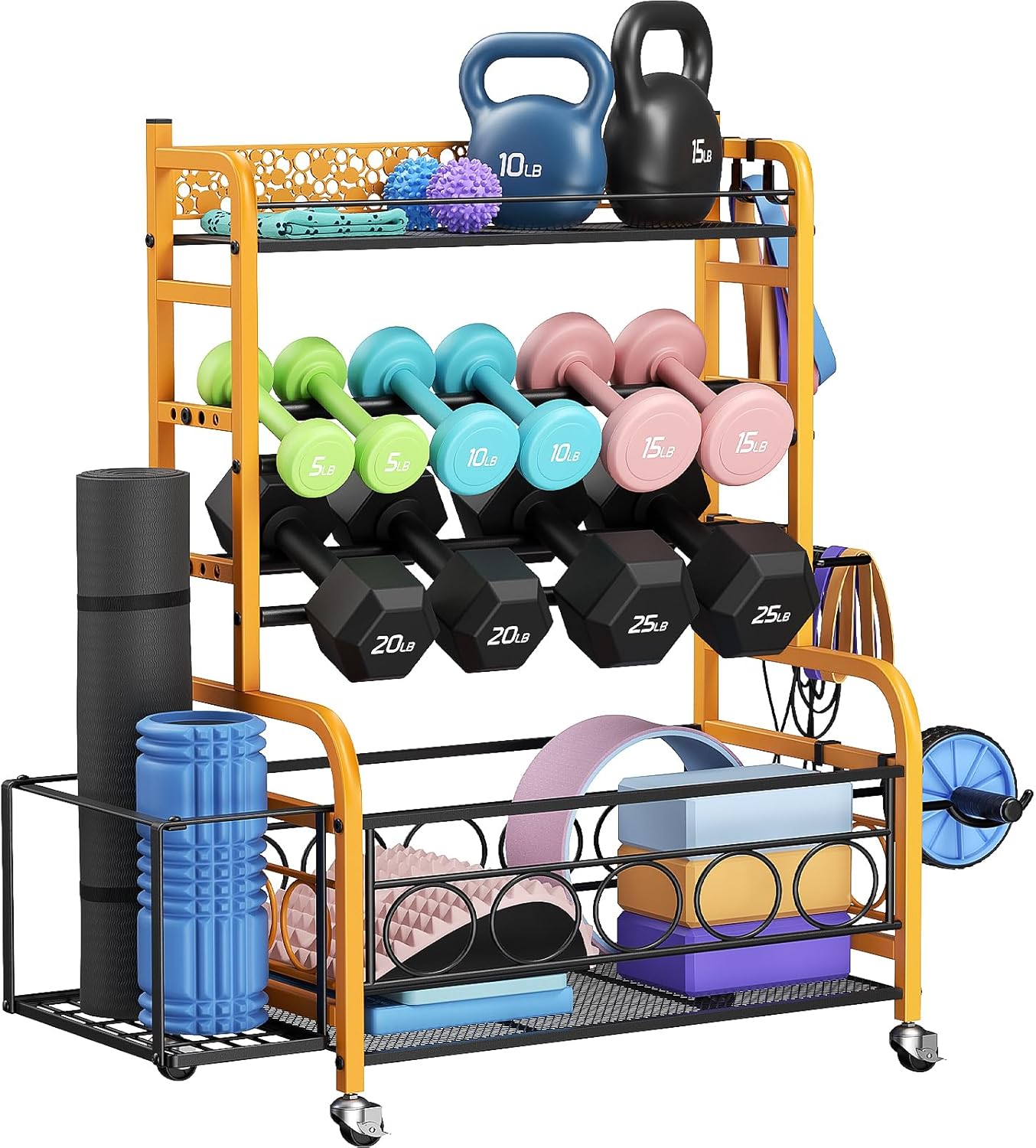 Dumbbell Rack, VOPEAK Weight Rack for Home Gym, Home Gym Storage Rack for Yoga Mat Kettlebells and Strength Training Equipment, Weight Storage Rack for Dumbbells with Wheels
