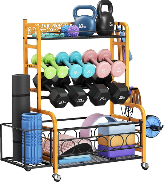 Dumbbell Rack, VOPEAK Weight Rack for Home Gym, Home Gym Storage Rack for Yoga Mat Kettlebells and Strength Training Equipment, Weight Storage Rack for Dumbbells with Wheels