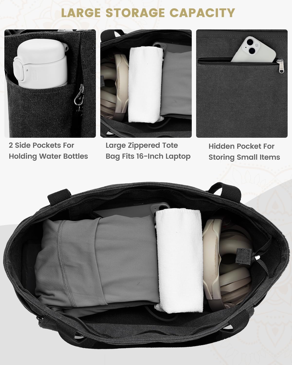 Gonex Yoga Mat Bag, Large Tote Bag with Multi Pockets for Women Men, Canvas Mat Carrier, Full Zipper Easy Access for Pilates Gym Travel