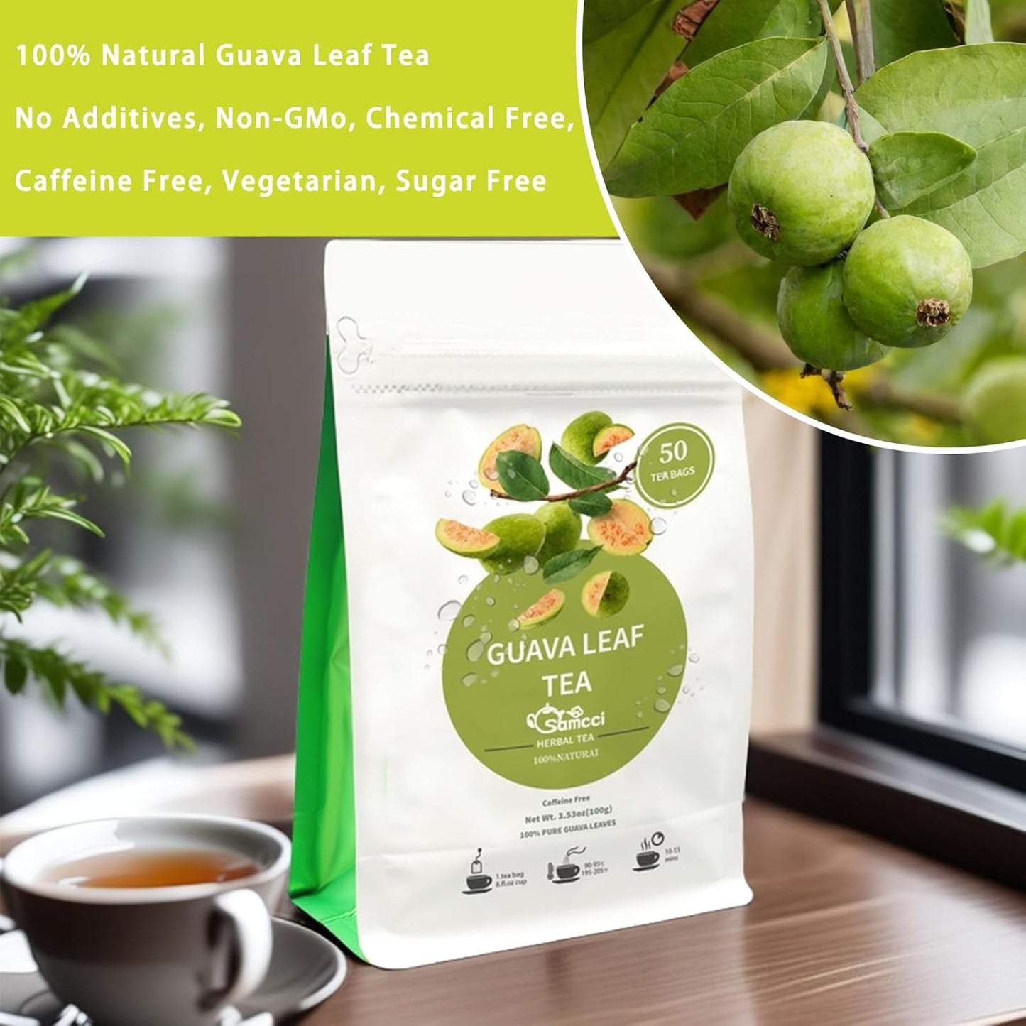 Samcci - Guava Leaves Tea Bags, 50 Teabags - Hojas De Guayaba, Premium Guava Leaf Tea - Immune Support - Digestion & Relaxation - Non-GMO - Caffeine-free