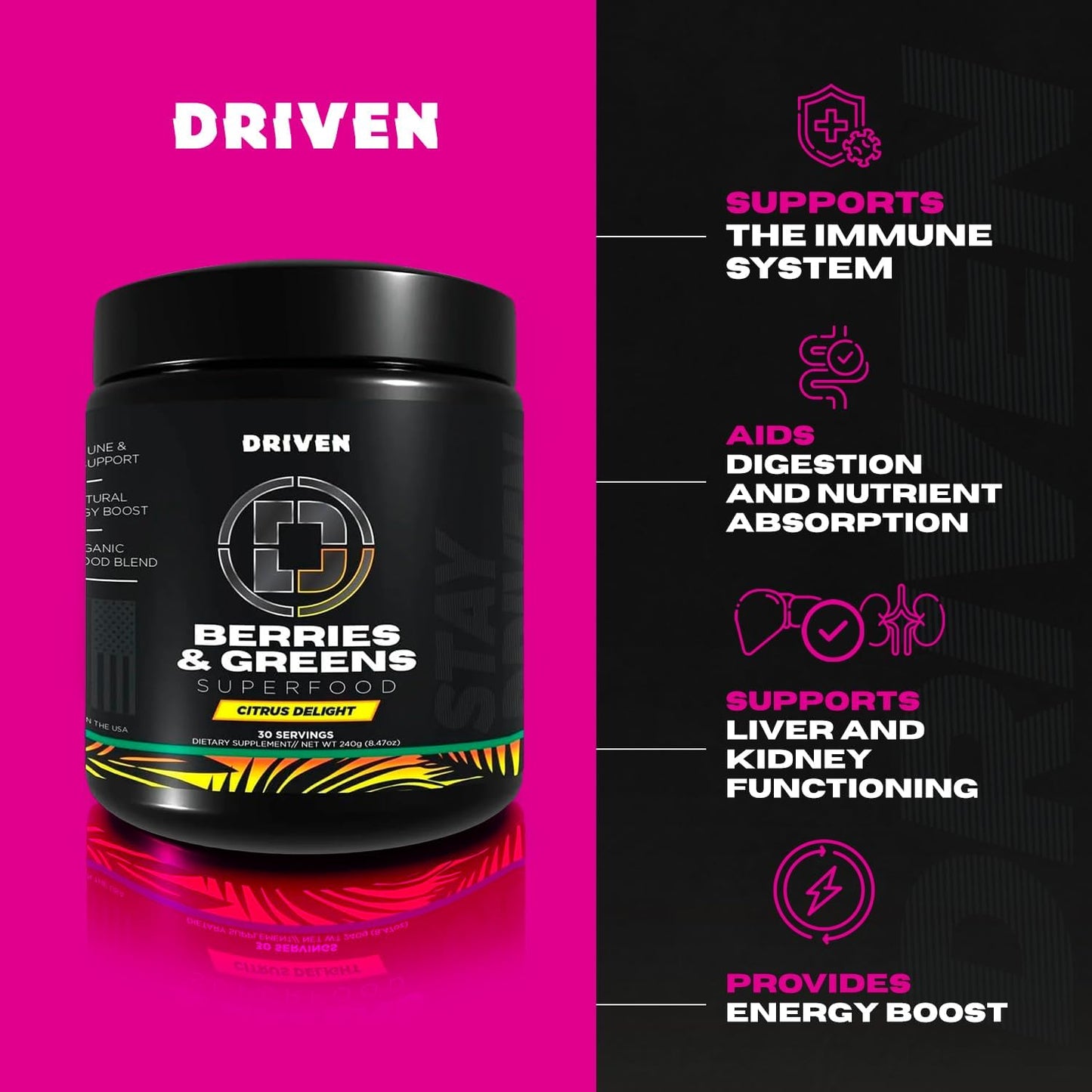 Driven B&G Berries & Greens Superfood Powder, 30 Servings - Organic Plant-Based Formula with Probiotics & Digestive Enzymes -Supports Recovery, Healthy Digestion, and Immune Function (Citrus Delight)
