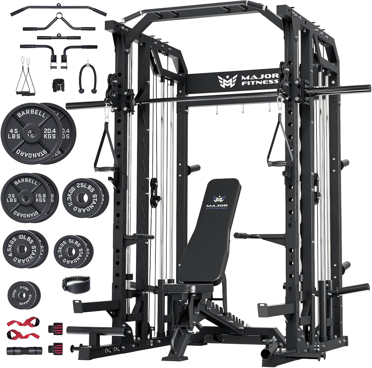Major Fitness Drone2 Smith△ Machine – All-in-One Home Gym Squat Rack with Weight Bar, Dual LAT Pull-Down Systems & Cable Crossover Machine for Full-Body Workouts