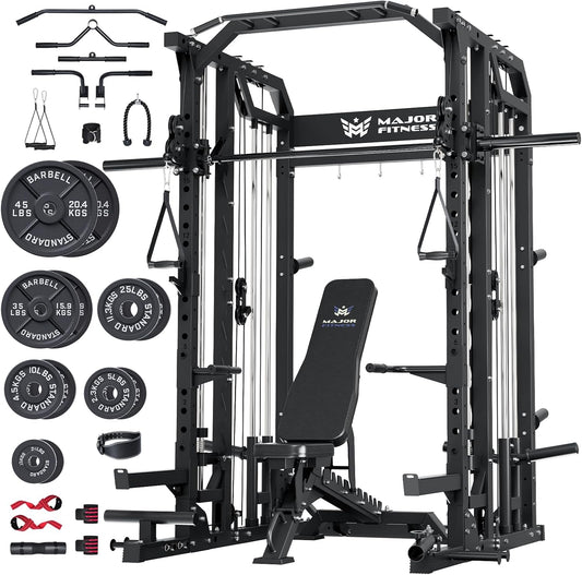 Major Fitness Drone2 Smith△ Machine – All-in-One Home Gym Squat Rack with Weight Bar, Dual LAT Pull-Down Systems & Cable Crossover Machine for Full-Body Workouts