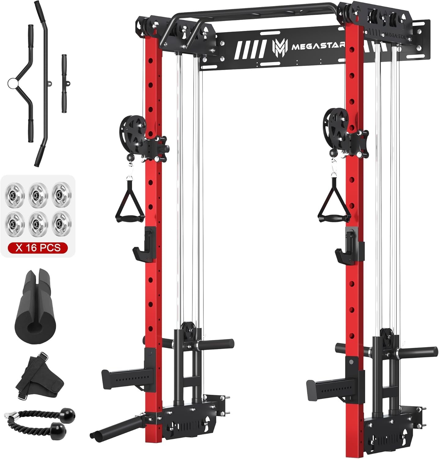 Wall Mounted Power Rack – 1600LB Capacity Compact Commercial Home Gym with Dual Cable Crossover, LAT Pulldown, Multi-Grip Pull-Up Bar & Landmine Attachment for Small Spaces, P67 Striker Red