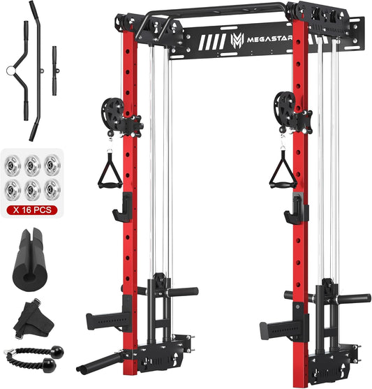 Wall Mounted Power Rack – 1600LB Capacity Compact Commercial Home Gym with Dual Cable Crossover, LAT Pulldown, Multi-Grip Pull-Up Bar & Landmine Attachment for Small Spaces, P67 Striker Red