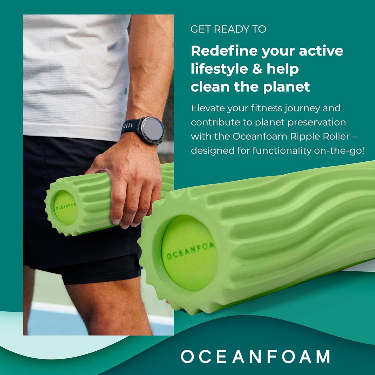 Oceanfoam Ripple Travel Foam Roller (11" x 3.35") Firm Mini Foam Roller for Physical Therapy, Deep Tissue Massage, Back Pain - High Density, Ergonomic Wave Textured - Yoga, Exercise (Algae Green)