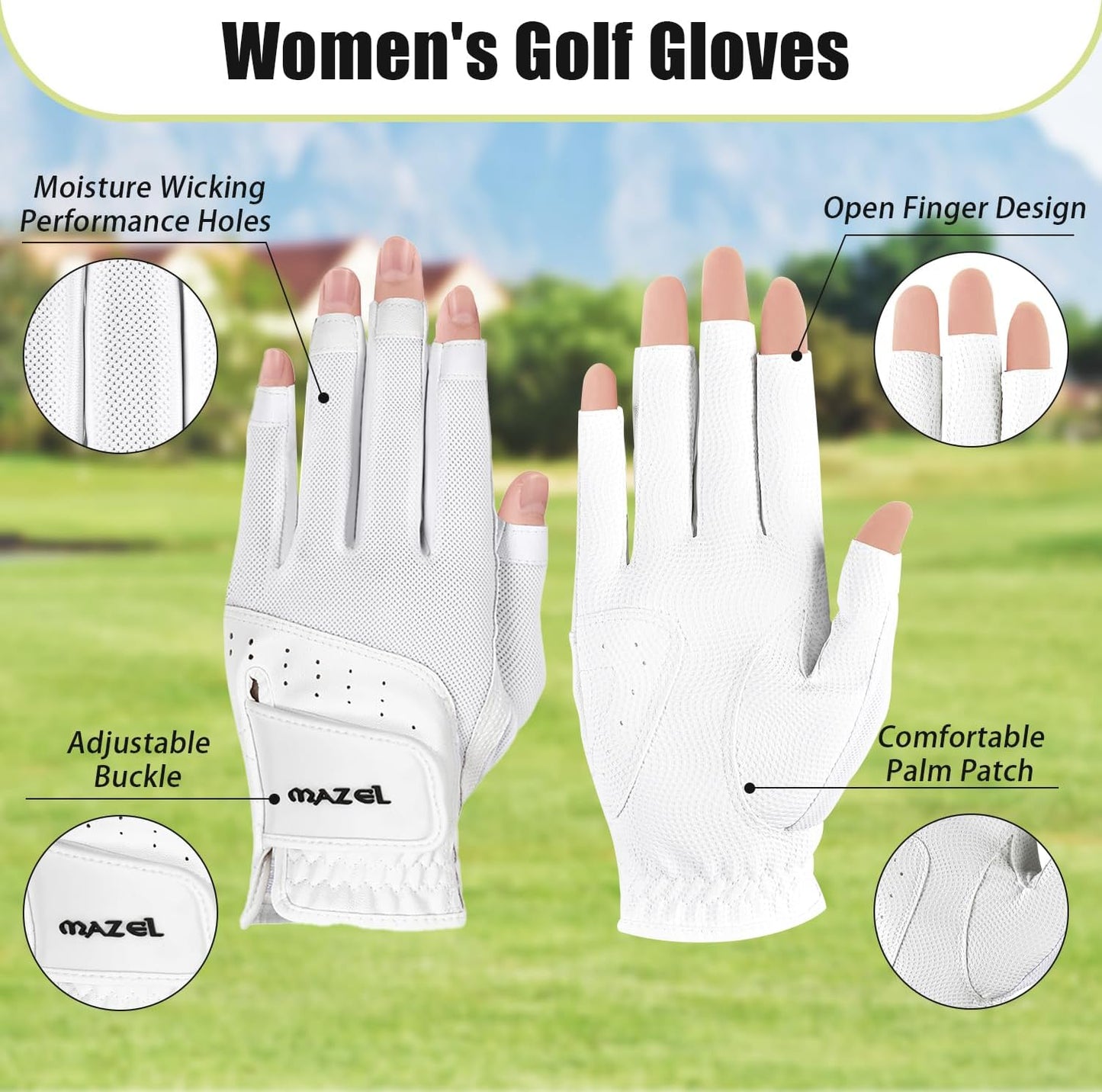 MAZEL Women's Fingerless Golf Gloves One Pair Open-Finger Design,Breathable Hot Wet Weather Sweat-Absorbing,Fit Size S M L XL
