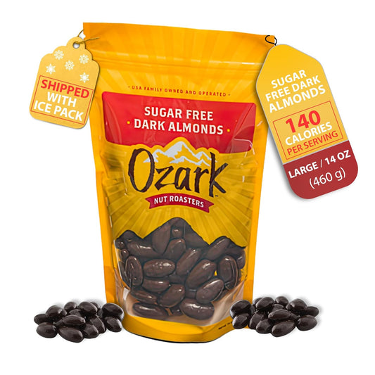 OZARK NUT ROASTERS, Sugar-Free Dark Almonds, Dark Chocolate Flavored Snacks, No Sugar Added, World-Class Gourmet Candied Nuts, Resealable Pack (14.0 oz)