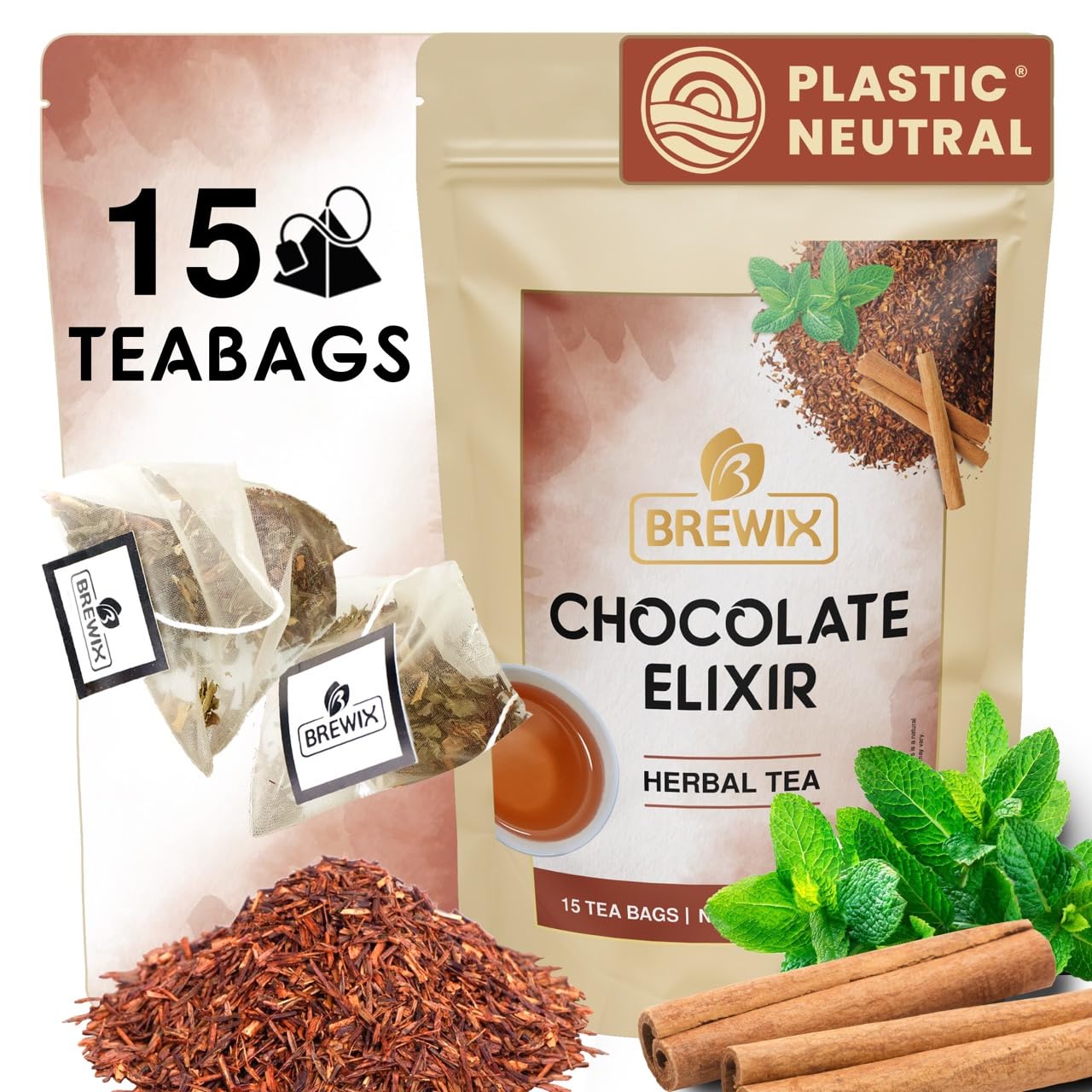 BREWIX, Chocolate Rooibos Herbal Tea (15 Pyramid Tea Bags) | Rich Red Tea with Cocoa, Cinnamon & Mint | Naturally Caffeine-Free | Dessert-Inspired Wellness Blend | Soothing Red Tea for Evening Comfort