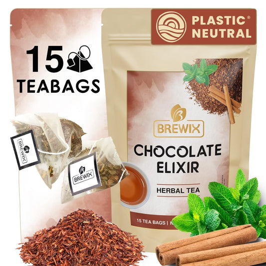 BREWIX, Chocolate Rooibos Herbal Tea (15 Pyramid Tea Bags) | Rich Red Tea with Cocoa, Cinnamon & Mint | Naturally Caffeine-Free | Dessert-Inspired Wellness Blend | Soothing Red Tea for Evening Comfort