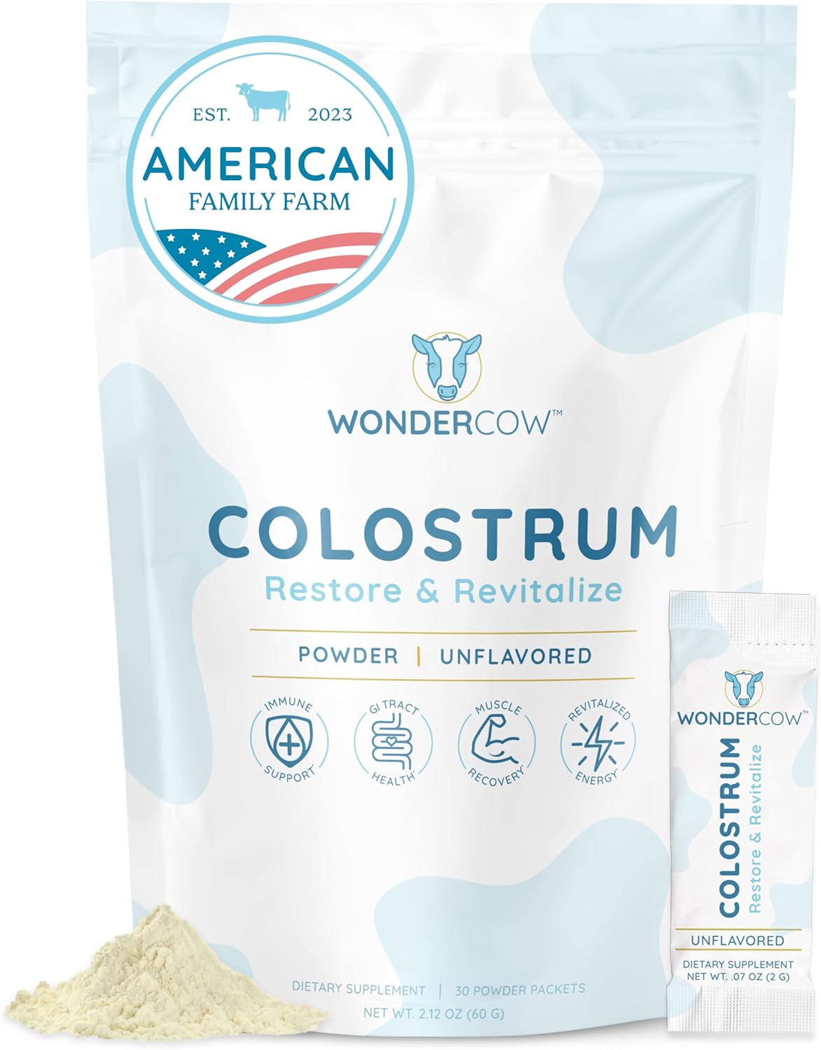 Colostrum Supplement Powder for Gut Health, Immune Support, Muscle Recovery & Wellness | Natural IgG Pure Whole Bovine Colostrum Superfood, Unflavored, 30 Servings