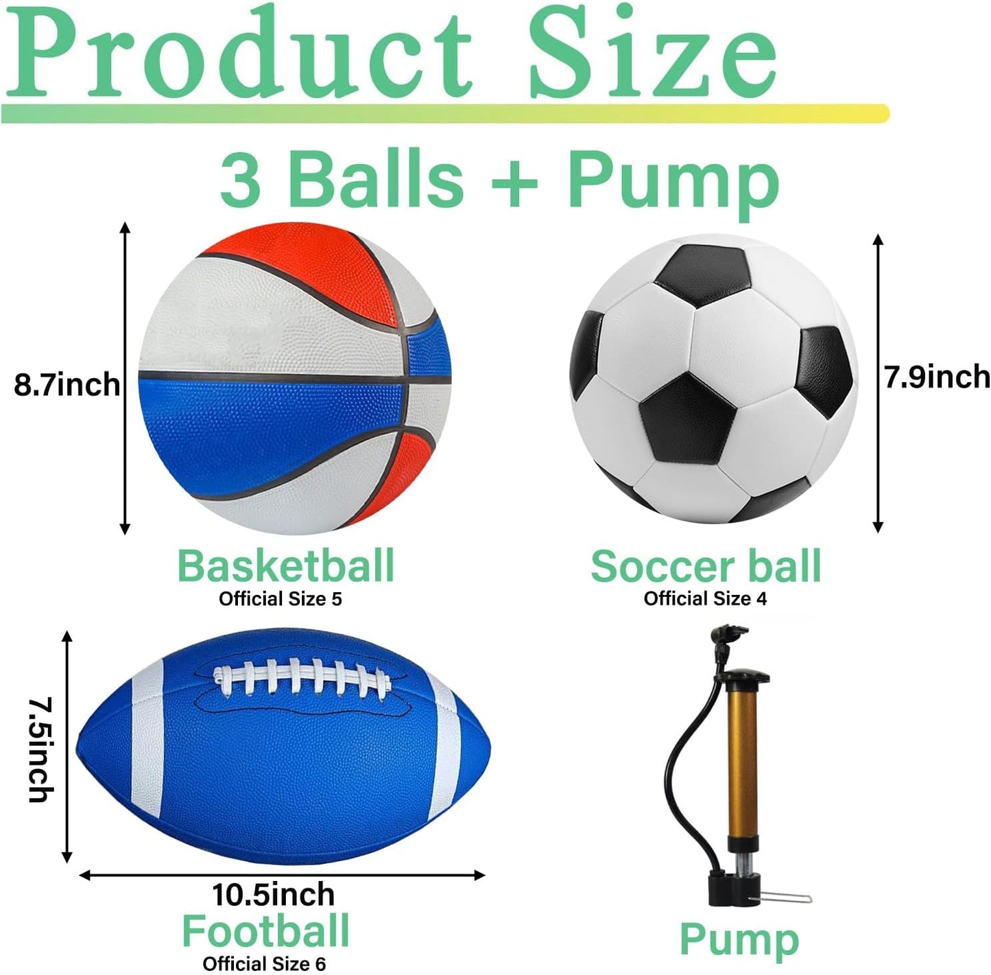 3-Piece Sports Balls Set, Includes Size 5 Basketball, Size 4 Soccer Ball, Size 6 Football & Pump, Sports Equipment Perfect Sports Gift for for Boys, Girls, Teens, and Adults