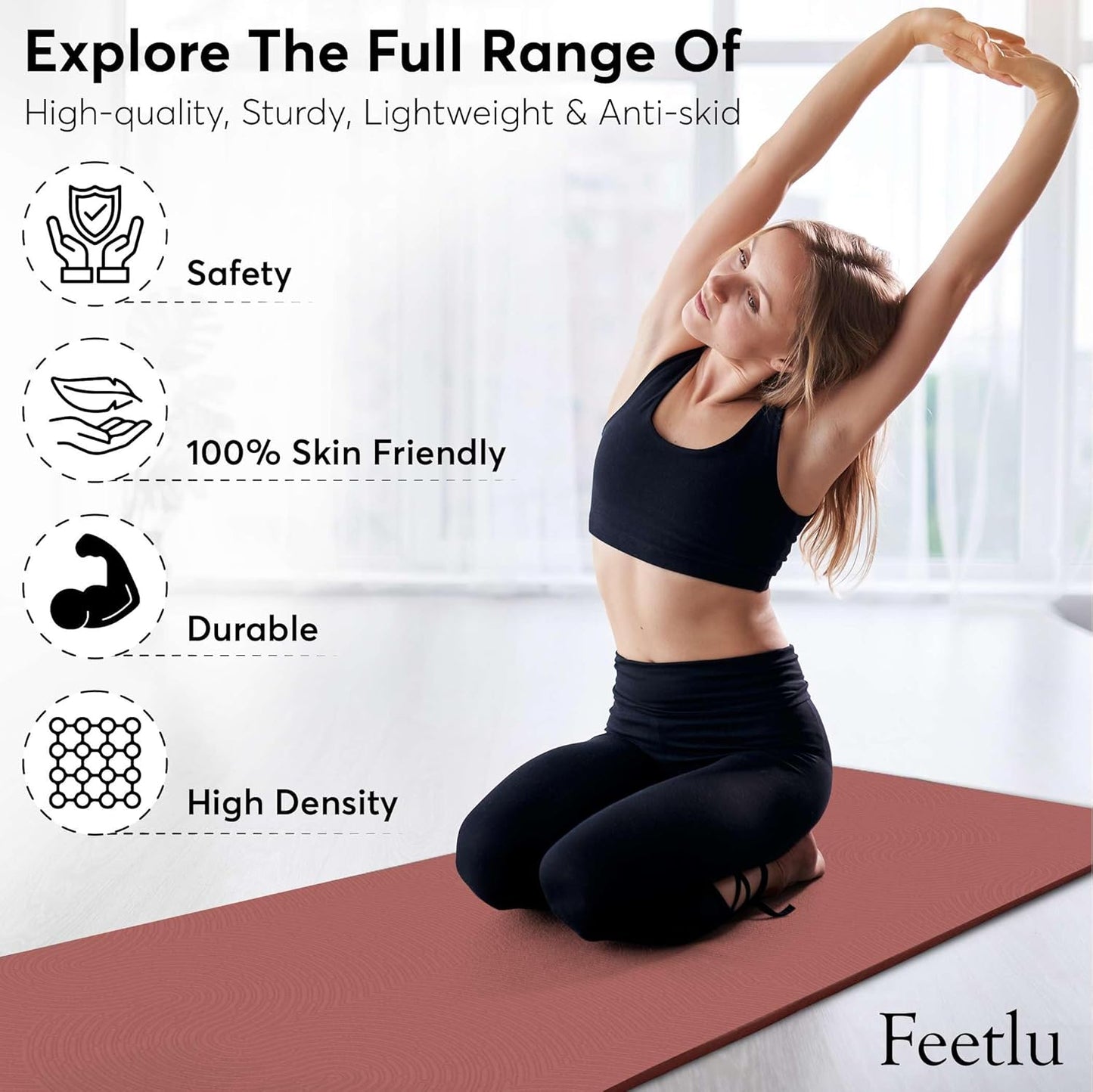 Extra Thick 12mm Exercise Mat – Non-Slip, Joint-Friendly & Cushioned Fitness Mat for Yoga, Pilates & Floor Workouts – Durable, Supportive & Includes Feetlu Classic Strap