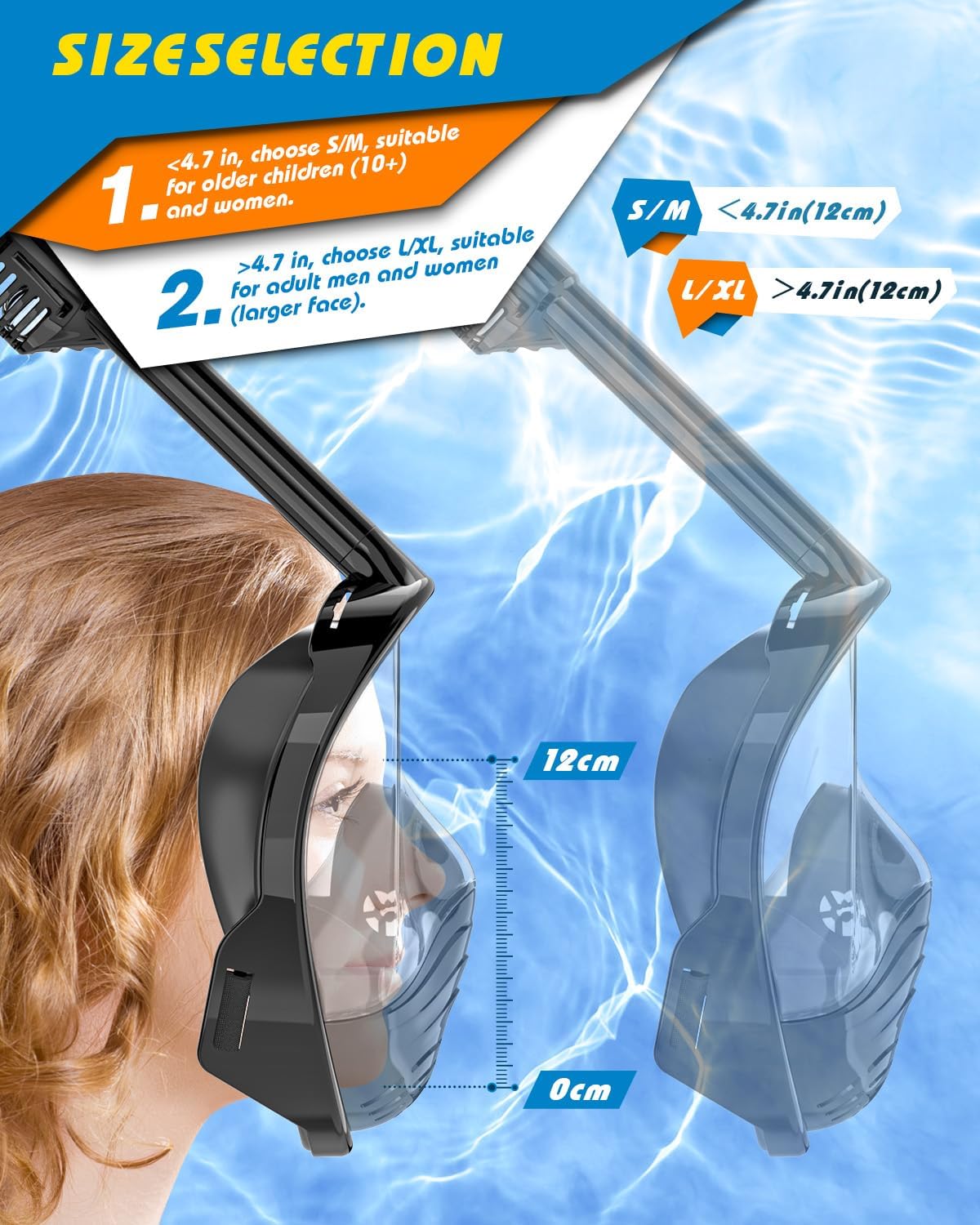 QingSong Full Face Snorkel Mask for Adults, Snorkeling Gear with Camera Mount, 180 Degree Panoramic View Snorkel Set Anti-Fog Anti-Leak