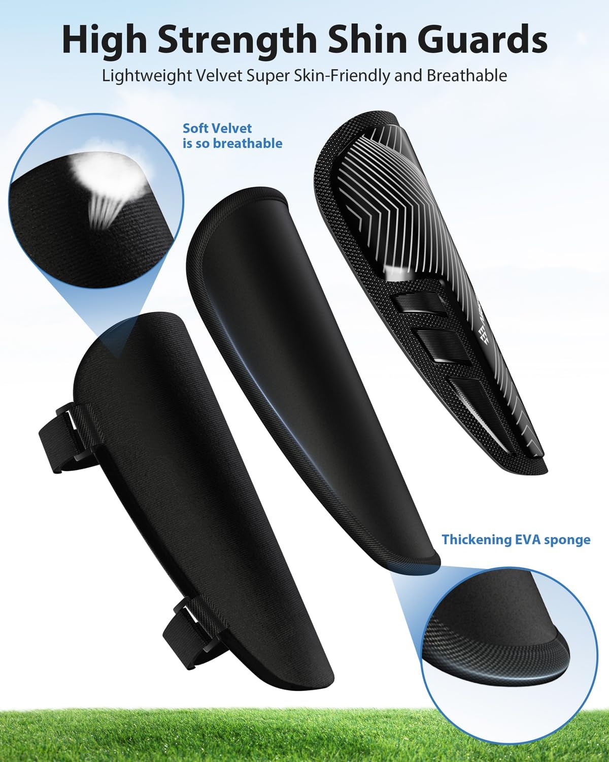 Shin Guards Soccer Kids Youth, CE Certified Airsfish Shin Guard Protection Gear for 2-18 Years Old Boys Girls Teenagers High Impact Resistant Breathable Comfortable 1 Pair 4 Sizes