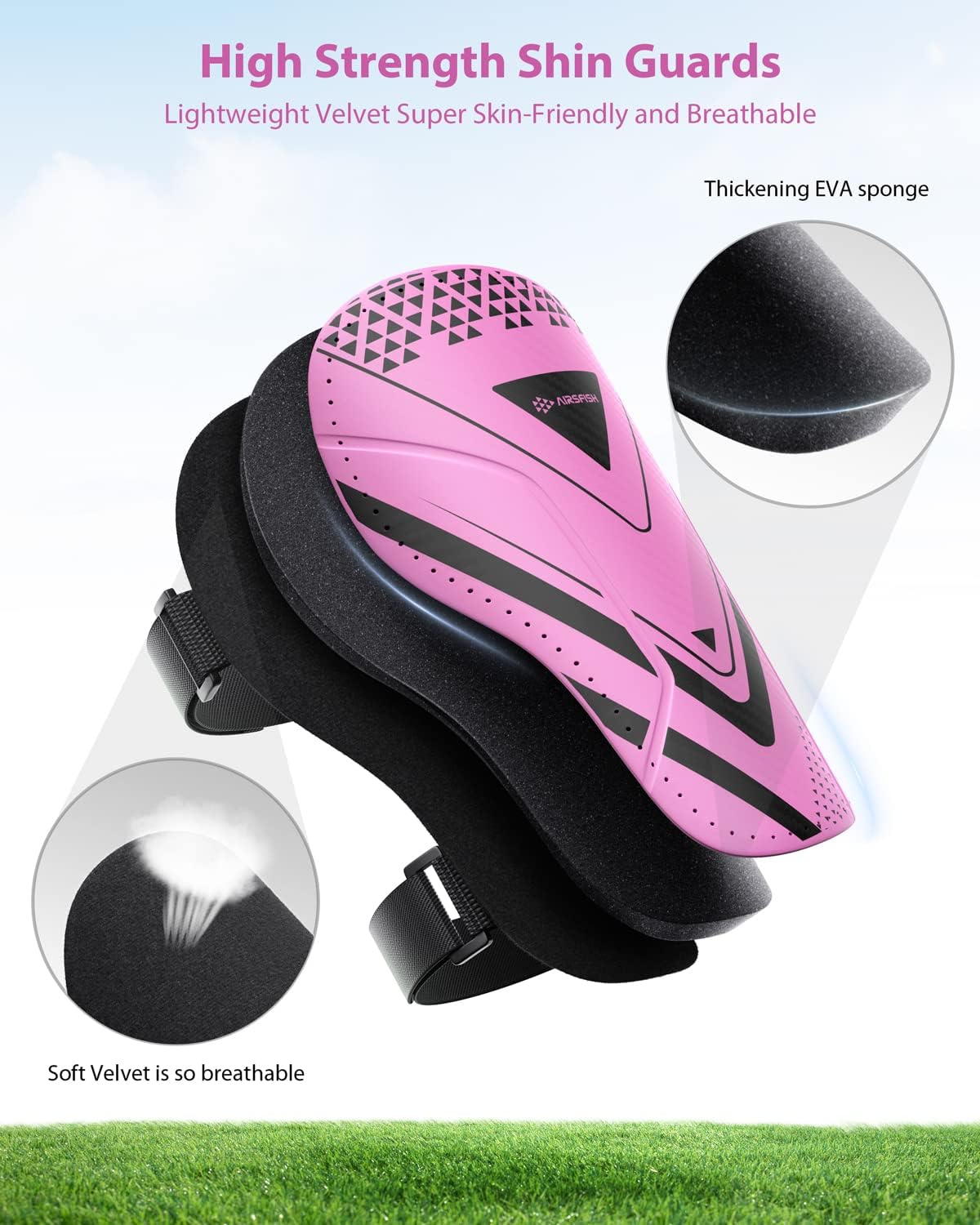 Shin Guards Soccer Kids Youth, CE Certified Airsfish Shin Guard Protection Gear for 2-18 Years Old Boys Girls Teenagers High Impact Resistant Breathable Comfortable 1 Pair 4 Sizes