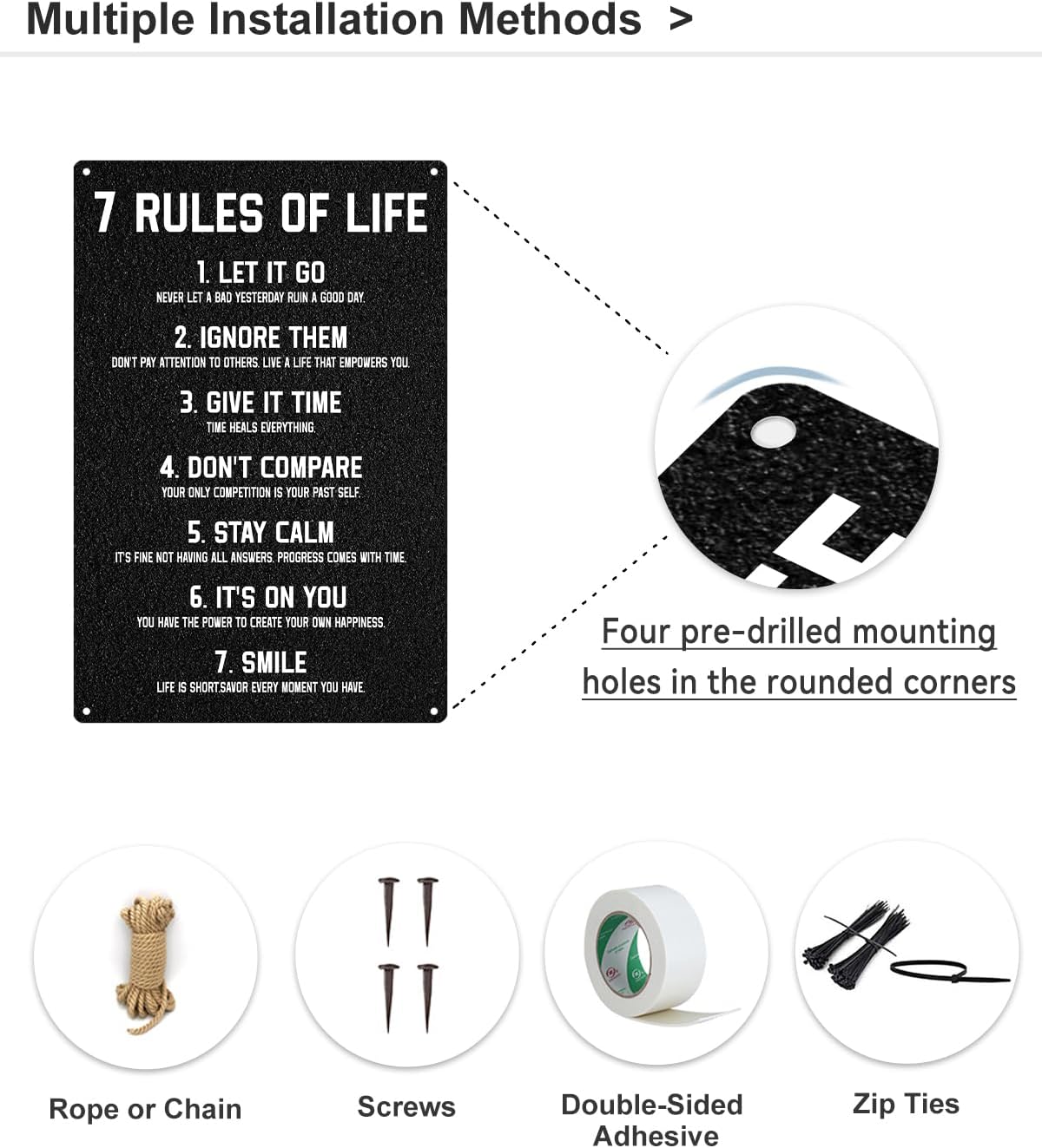 ALKB Inspirational Metal Sign for Teen Bedroom Decor - Motivational Wall Decor for Bedroom Office Girls, Boys, Teenager - 7 Rules of Life 8x12 Inch