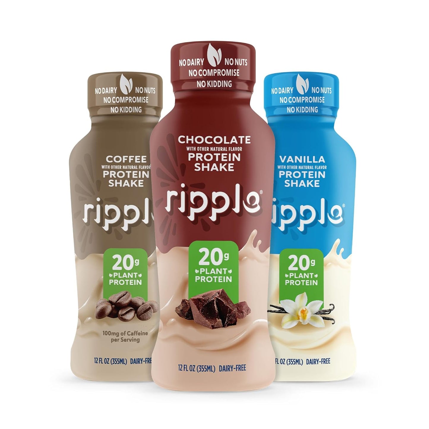 Ripple Plant Based Protein Shake Variety Pack | 20g of Quality Sourced Pea Protein, Calcium Rich | Shelf Stable | Vegan & Non GMO | Dairy, Soy, Nut, & Gluten Free | 12 Fl Oz Bottles (Pack of 12)