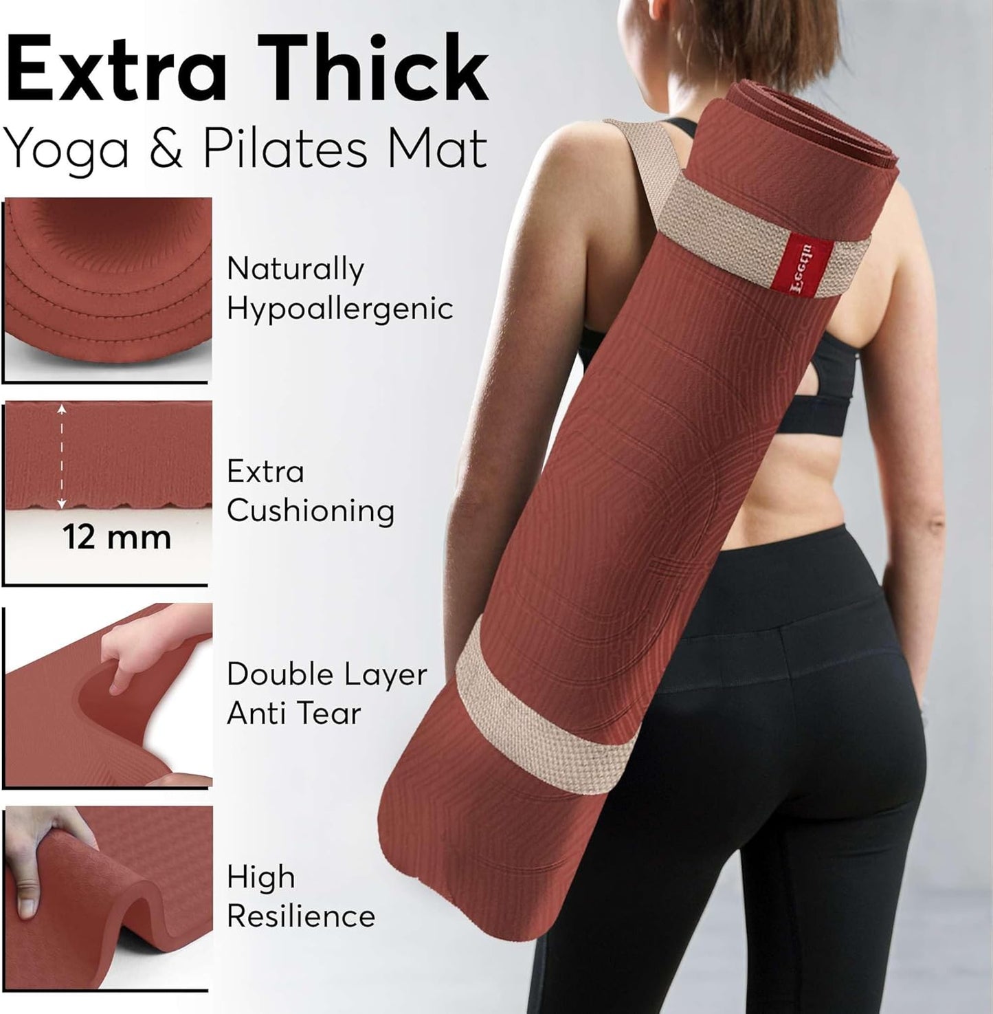 Extra Thick 12mm Exercise Mat – Non-Slip, Joint-Friendly & Cushioned Fitness Mat for Yoga, Pilates & Floor Workouts – Durable, Supportive & Includes Feetlu Classic Strap