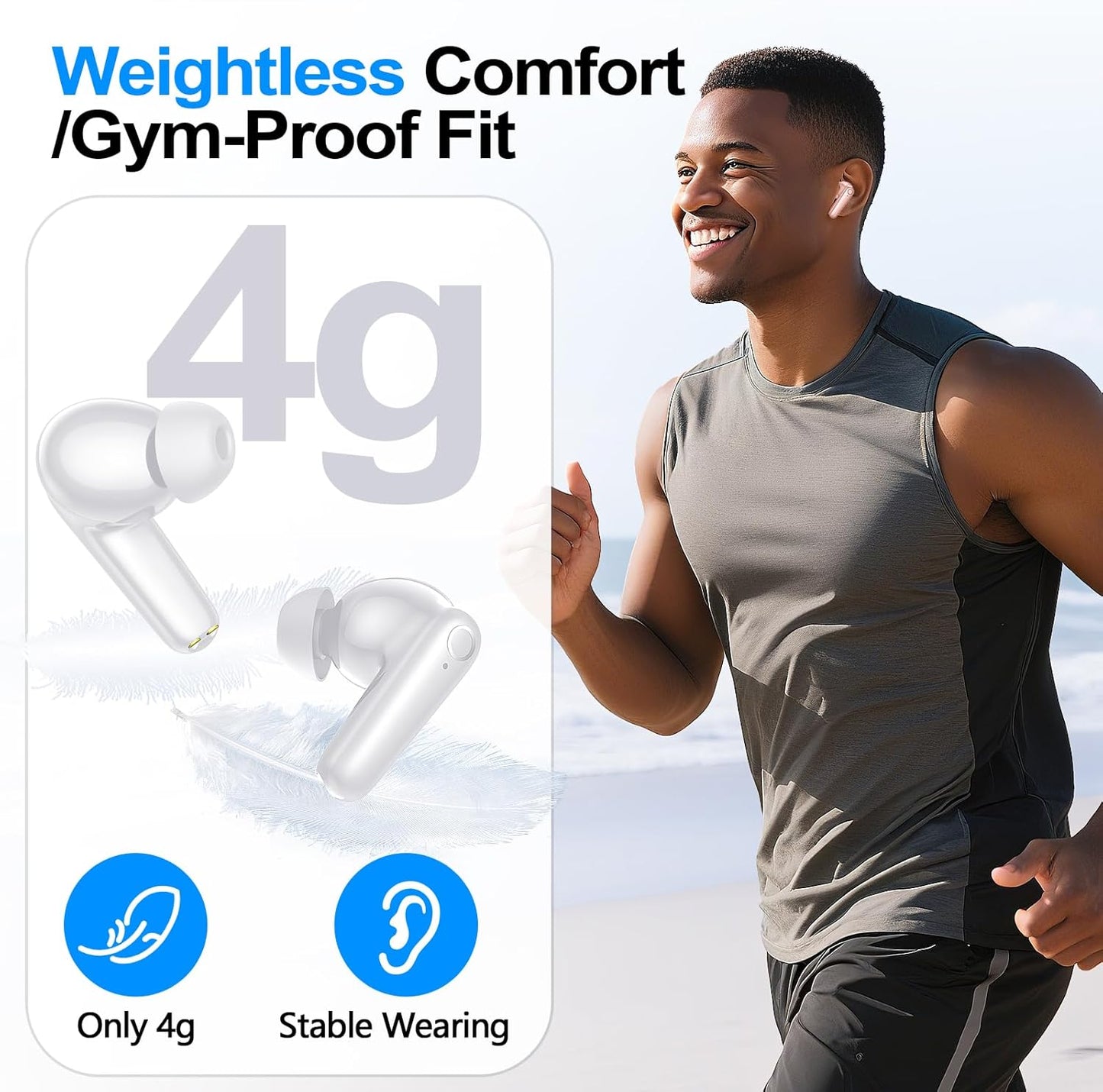 kurdene Wireless Earbuds Bluetooth 5.4 Headphones 60H Playtime Deep Bass Stereo Ear Buds with Mic Comfort Lightweight in Ear Earphones for Workout/Running White