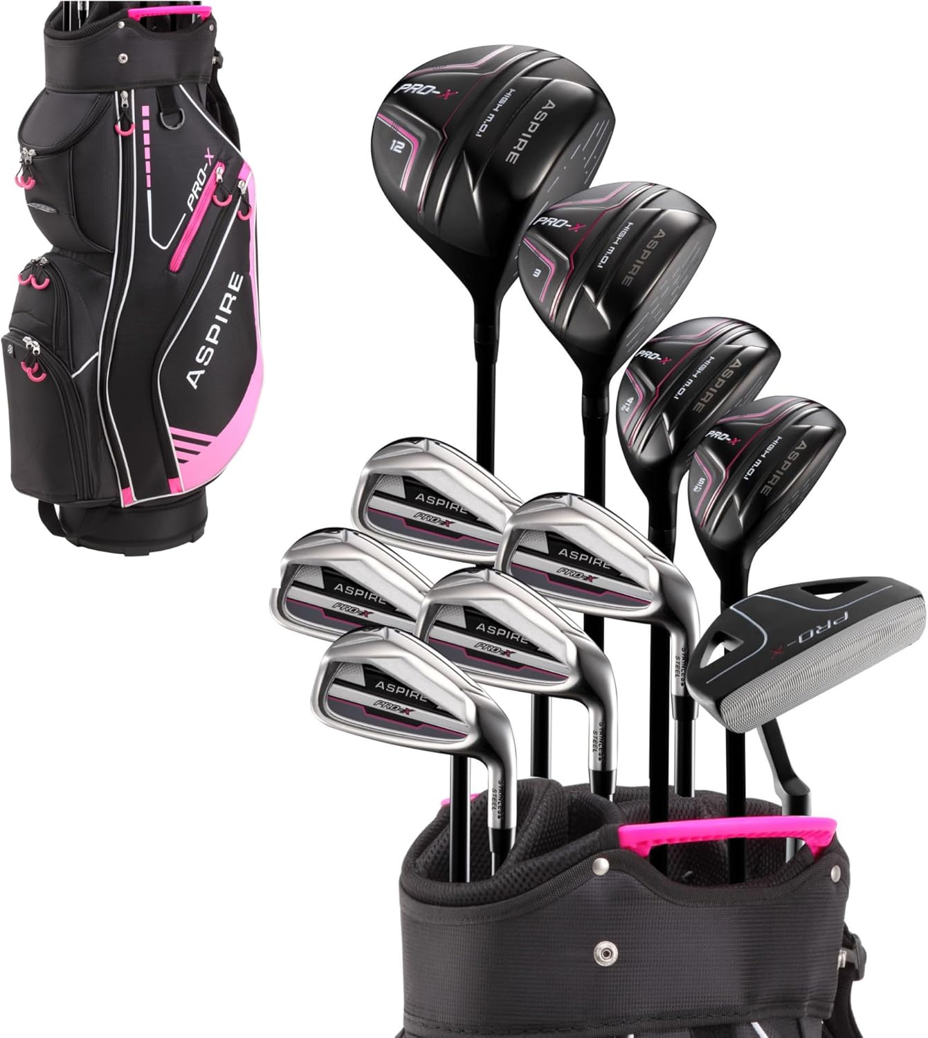 Aspire PRO-X 16-Piece Womens Golf Club Set, Includes Titanium F Driver, #3 Fairway Wood, 4-5 Hybrids, 7-SW Irons, Putter, Cart Bag, 4 H/C's, Golf Clubs Women Right Handed, Regular & Petite Sizes