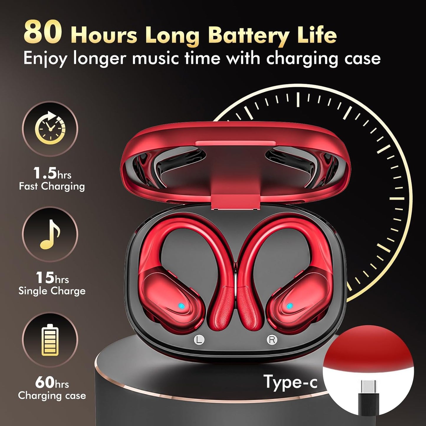 Wireless Earbuds, Sports Bluetooth Headphones, 80Hrs Playtime Ear Buds with LED Power Display, Noise Canceling Headset, IPX7 Waterproof Earphones for Workout/Running (Red)