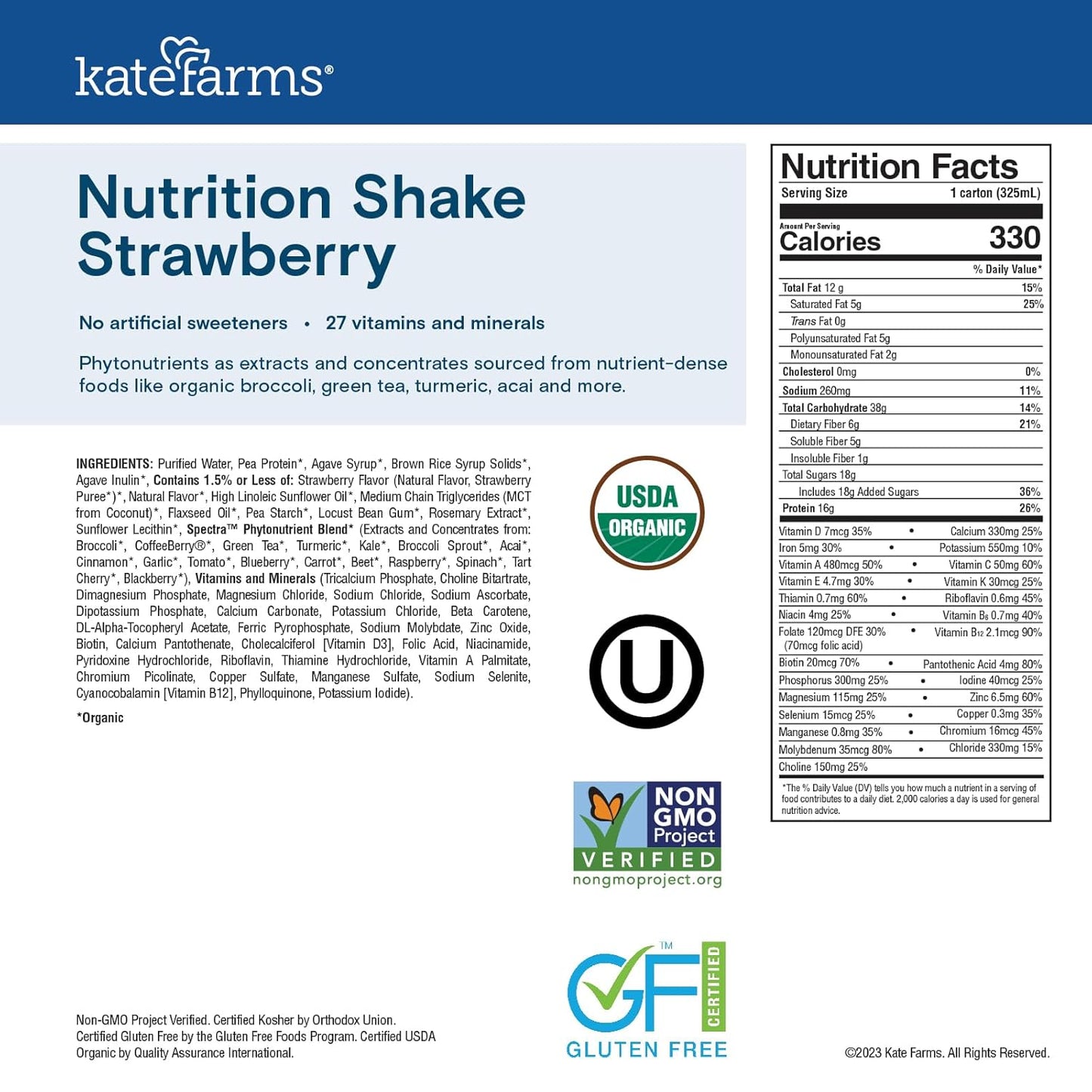 KATE FARMS Organic Nutrition Shake, Strawberry, 16g of Protein, 27 Vitamins and Minerals, Meal Replacement, Protein Shake, 11 Fl oz (6 Pack)