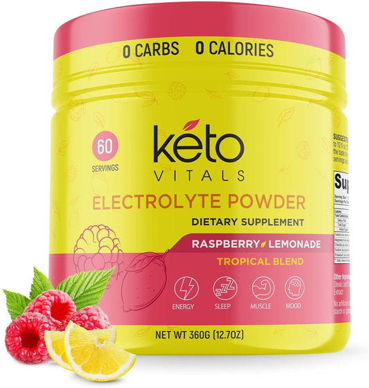 Keto Vitals Electrolytes Powder - Sugar Free Keto Electrolytes Powder with Potassium, Magnesium, Sodium, & Calcium - No Sugar Electrolyte Drink Mix & Hydration Powder, 60 Servings, Raspberry Lemonade