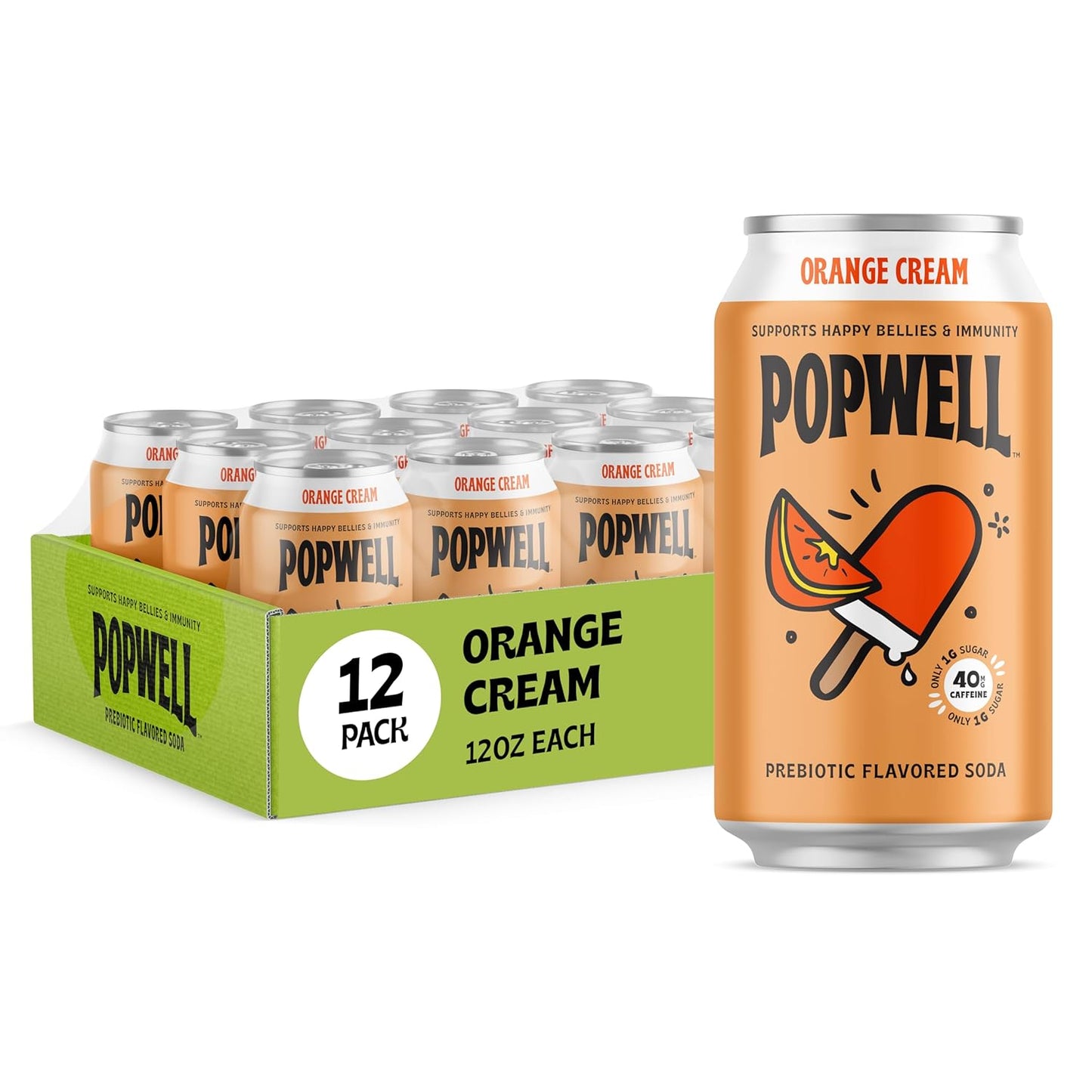 Popwell Orange Cream Caffeinated Better-For-You Prebiotic Soda, with 6g Fiber, 1g Sugar, Vitamins and Immunity Support, 12 fl oz Cans (pack of 12)