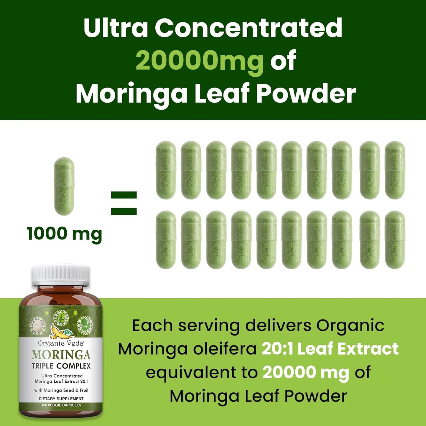 Organic Veda Moringa Capsules Triple Complex - 20 X Concentrated Organic Moringa Leaf Extract with Seed & Fruit Powder Vitamin, Antioxidant - Joints & Energy Support - 180 Vegan Capsule