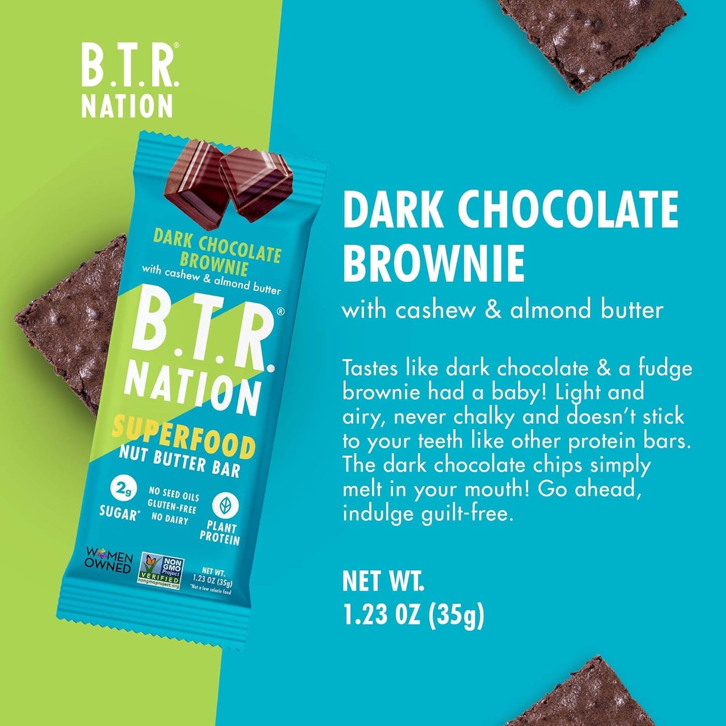 B.T.R. Nation Vegan Keto Superfood Protein Bars - Brownie RECHARGE | 4 Bars | Low Carb, Plant Based, and Gluten Free, Free of Sugar Alcohols and Boosted with Powerful Superfoods!