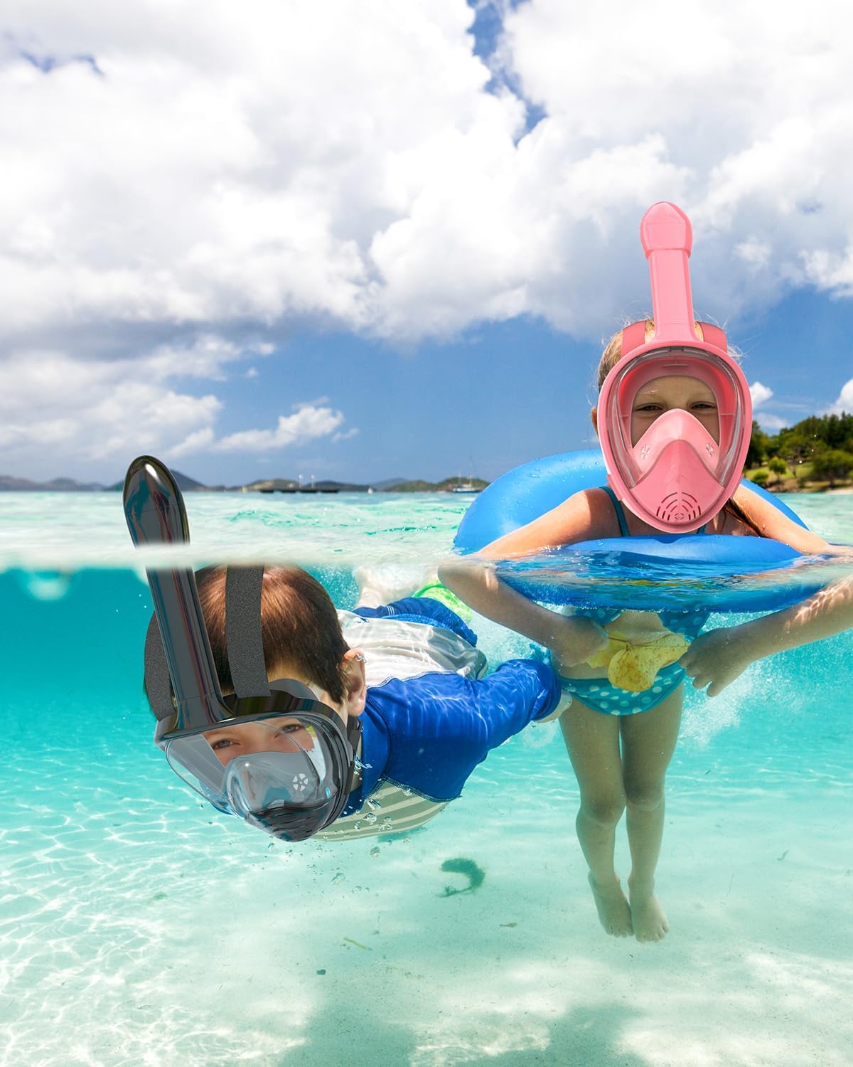 QingSong Kids Snorkel Mask Full Face, Snorkeling Set with Camera Mount, Foldable 180 Degree Panoramic View Snorkeling Gear Anti-Fog Anti-Leak