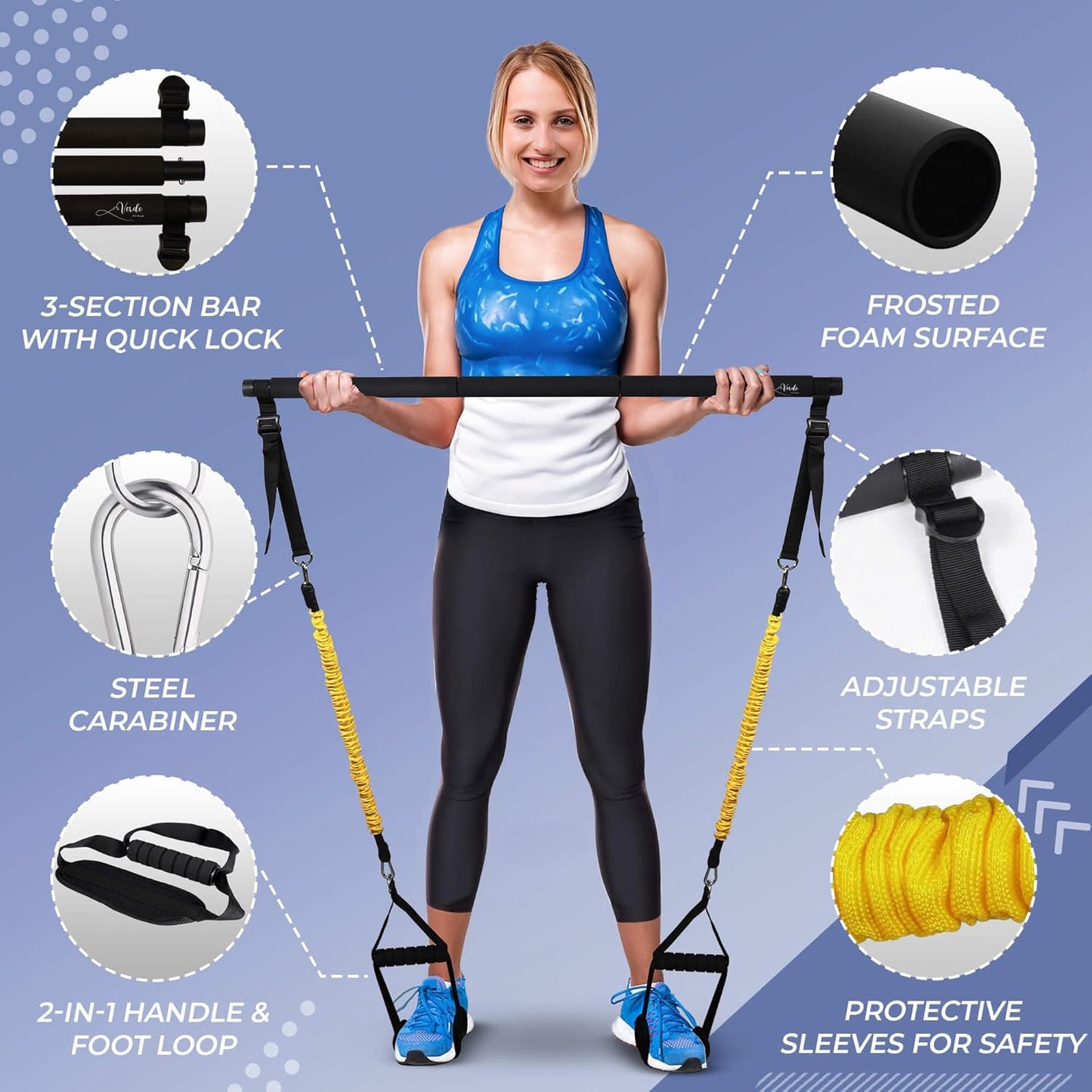 Verde Acqua Pilates Essentials Kit for Short Women with Resistance Bands - Multifunctional Pilates Sculpt Bar - Home Gym Workout Equipment - Includes Exercise Chart for Full Body Workout