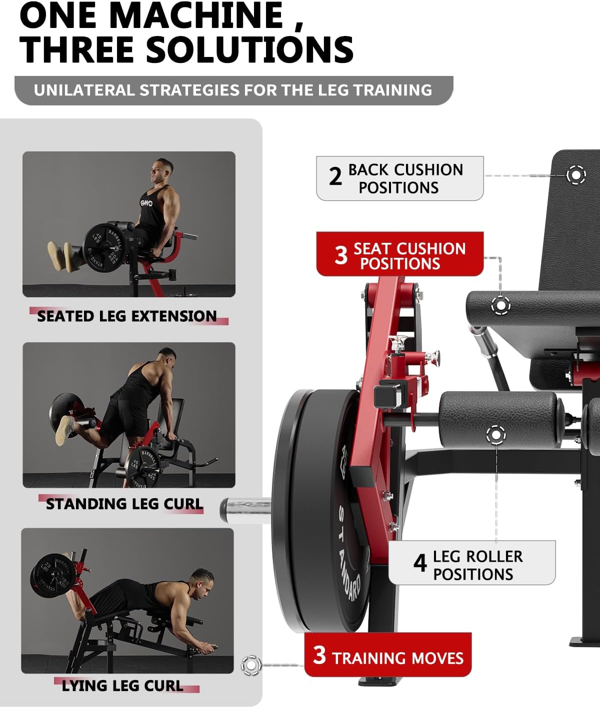 GMWD Leg Extension and Curl Machine, Single Leg Extension, Lying Leg Curl, Standing Leg Curl, Adjustable Leg Exercise Bench with Plate Loaded, Leg Machine Home Gym, Red