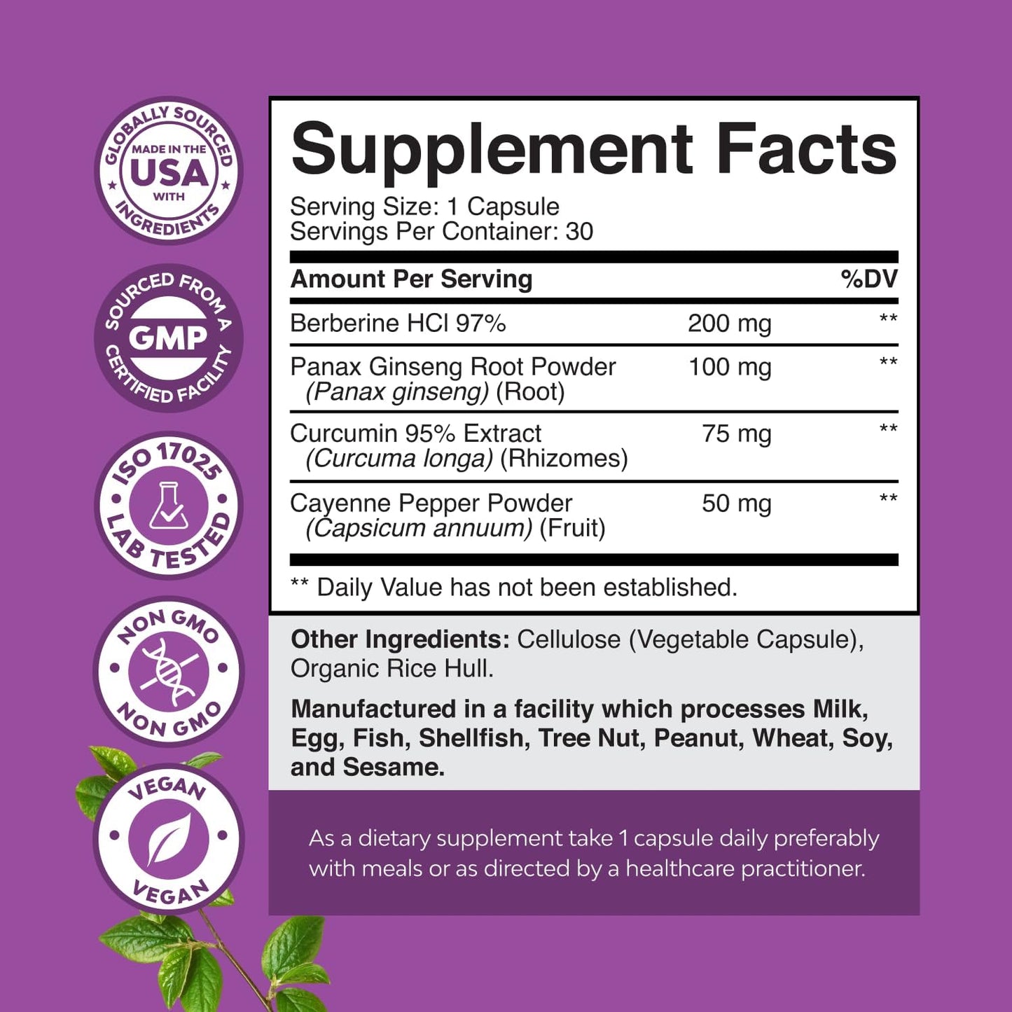 GLP-1 Berberine Supplement - One a Day Healthy Gut Berberine Complex with Panax Ginseng Turmeric Curcumin & Cayenne Pepper for Metabolic Balance - Gluten Free Vegan and Non-GMO (1 Month Supply)