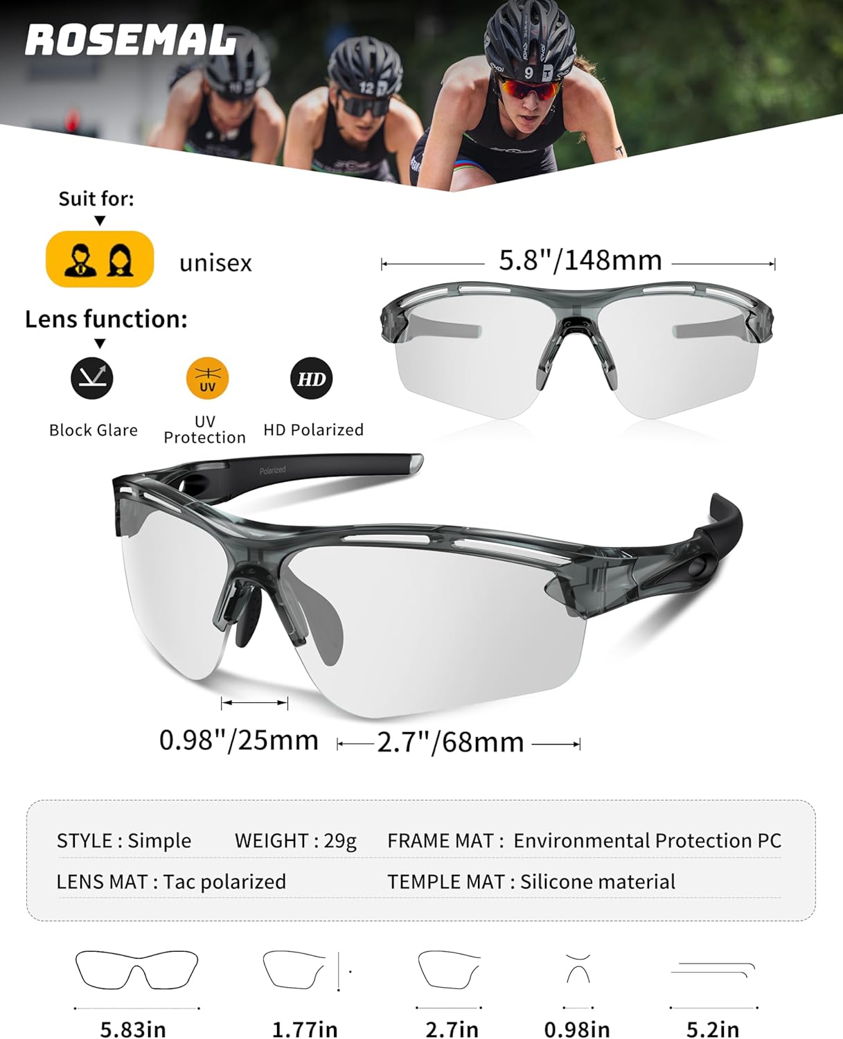 Polarized Sports Sunglasses for Men Women,UV400 Protection Sunglass for Running Cycling Fishing Hiking TR90