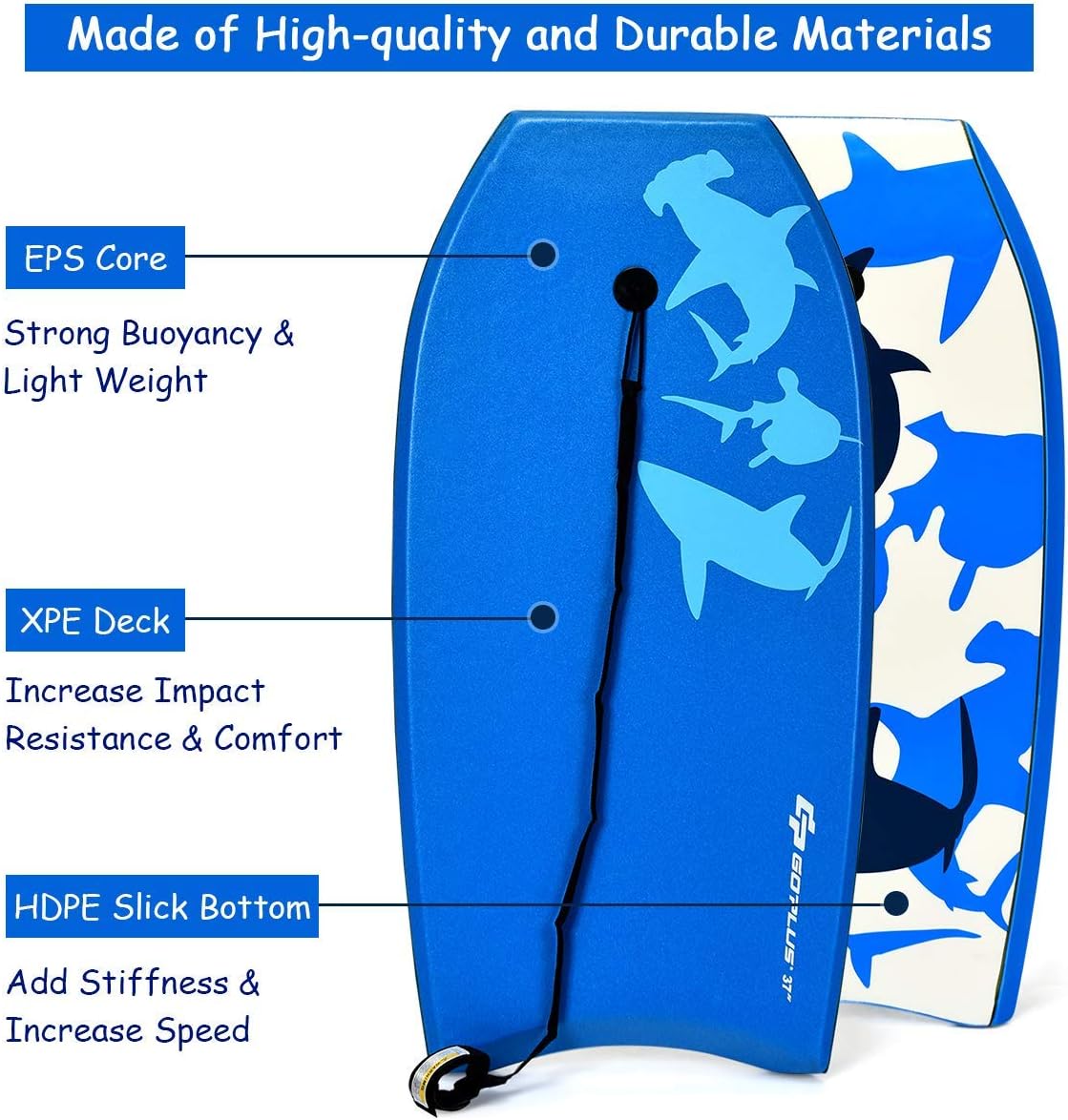 Goplus 41''/37''/33'' Lightweight Body Board for Beach, Surf Board with EPS Core, XPE Deck, HDPE Slick Bottom, Wrist Leash, Bodyboard for Kids Adults Surfing