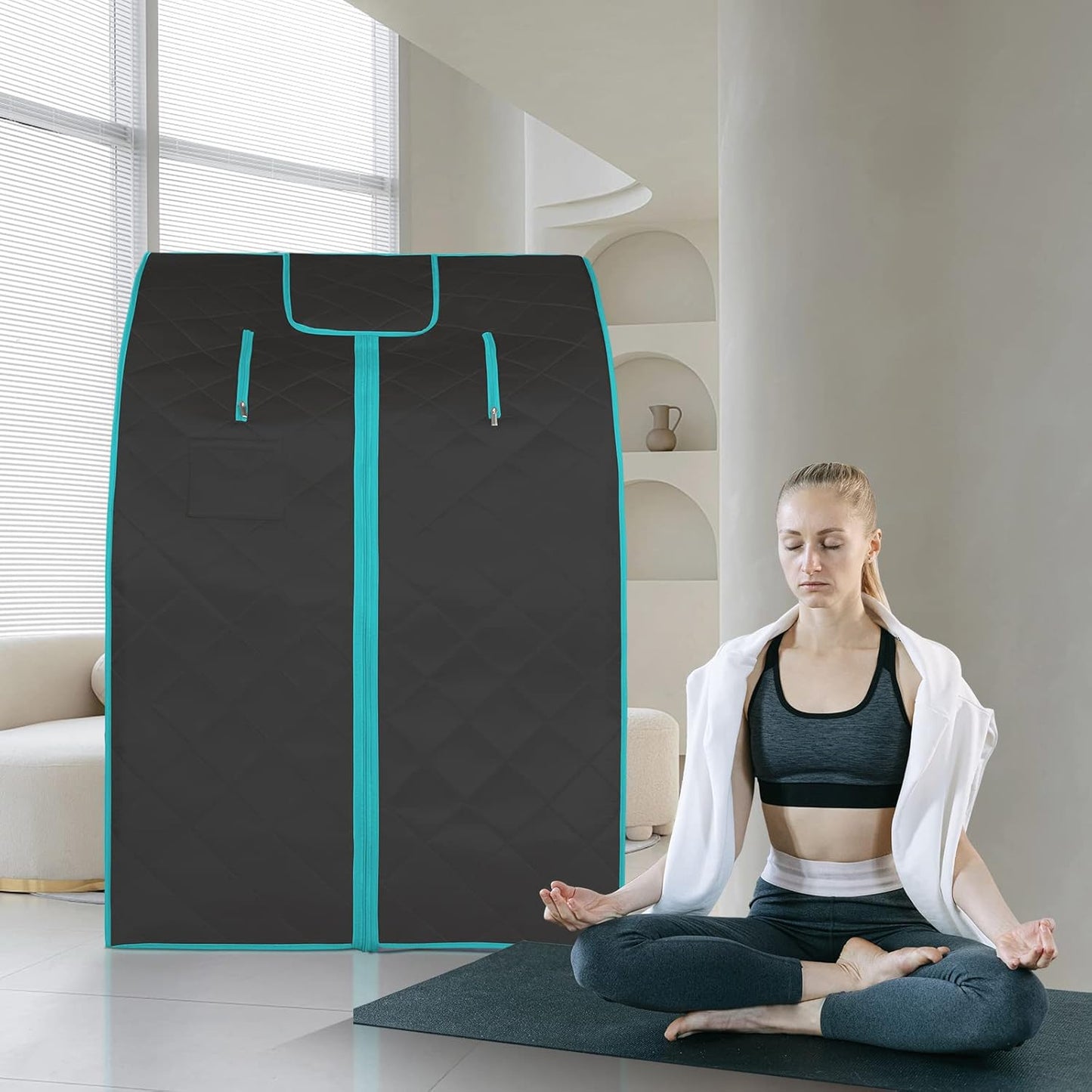 Smartmak Far Infrared Sauna, Full Body One Person Portable SPA Set with Time & Tempreture Remote Control, Heating Foot Pad and Foldable Reinforced Chair (L 27.6’’ x W 31.5’’ x H 37.8’’) - Black
