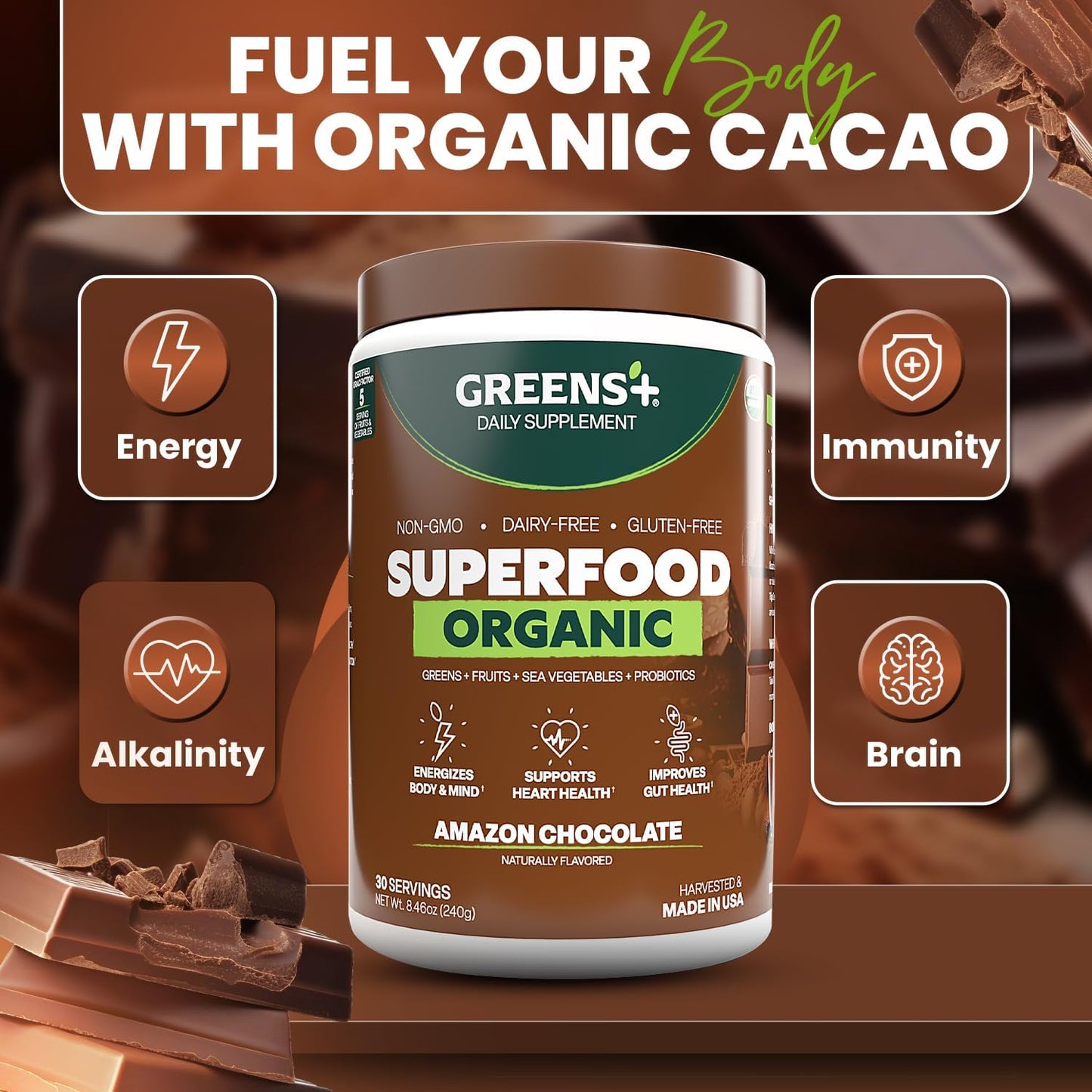 Greens+ Plus Organic Superfood Amazon Chocolate, Boost Energy, Essential Blend of Raw Foods, Non GMO, Gluten Free, USDA Organic and Vegan Powder, 8.46 oz