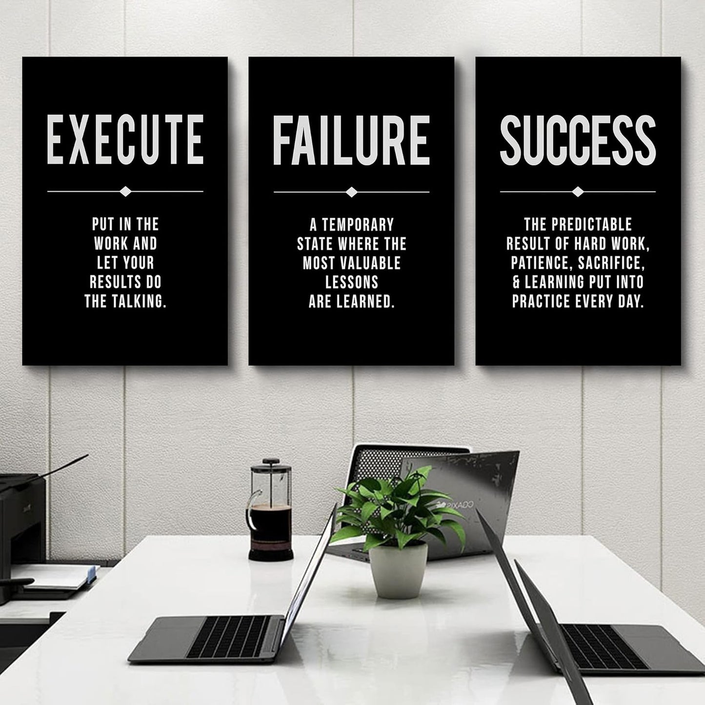 Framed Canvas Wall Art Success Quote, Office Wall Art, Black Large Poster, Positive Motivational Set of 3 Prints, Execute Failure Definition, Inspirational Print (A-3pcs,24x36inchx3pcs)