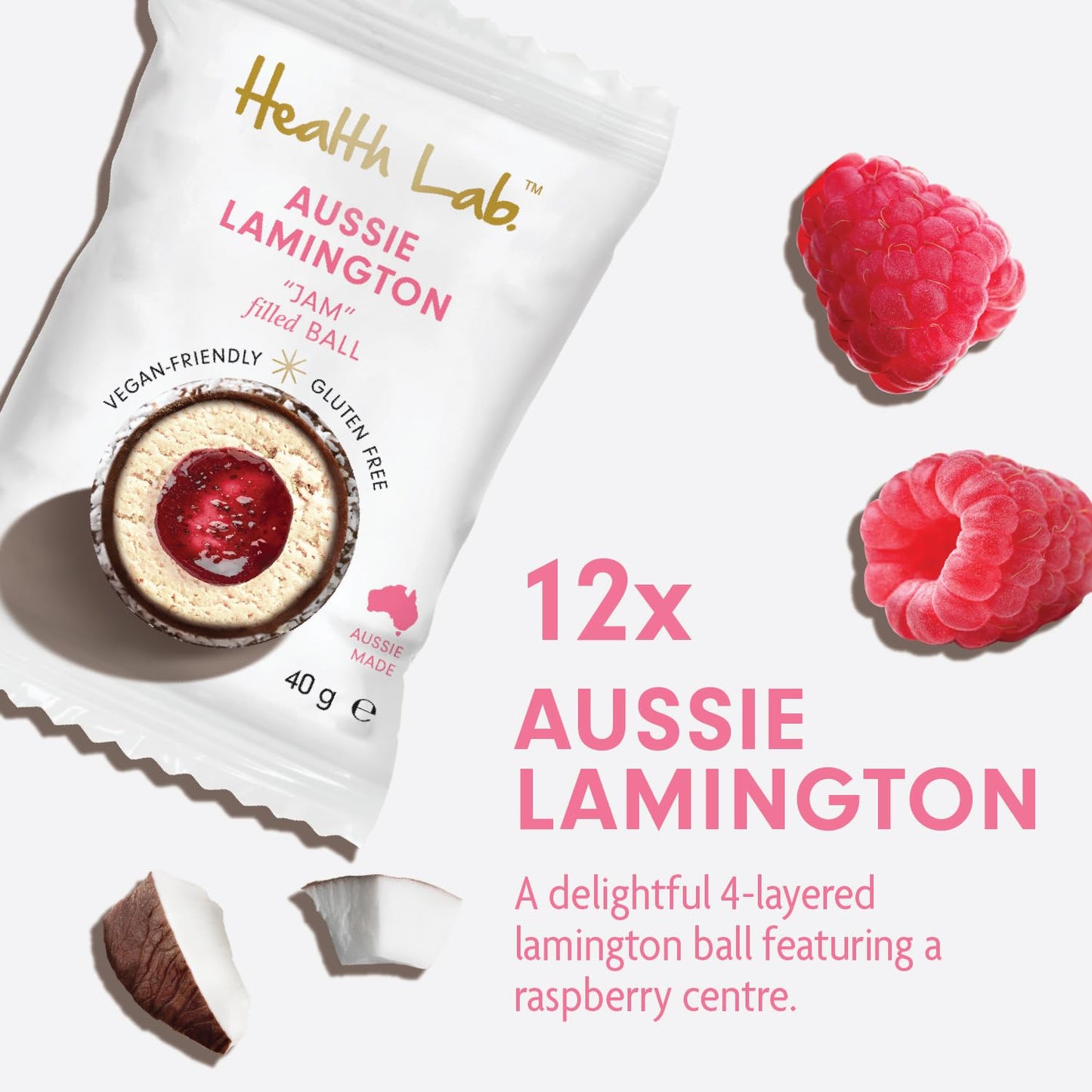 Health Lab - Lamington Raspberry Jam Filled Balls 480g (12 x 40g)