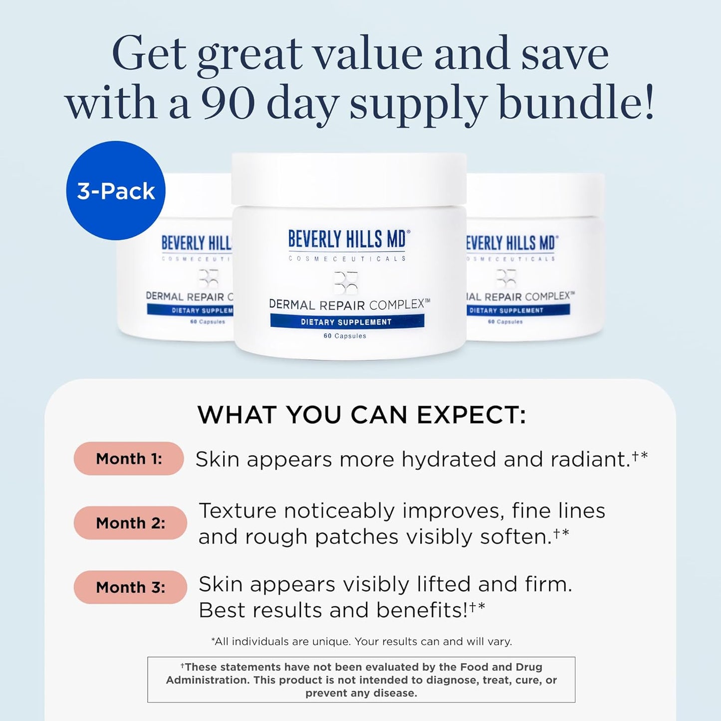 Beverly Hills MD Dermal Repair Anti-Aging Supplement - Hyaluronic Acid, Collagen, Vitamins for Smooth, Plump Skin (3)