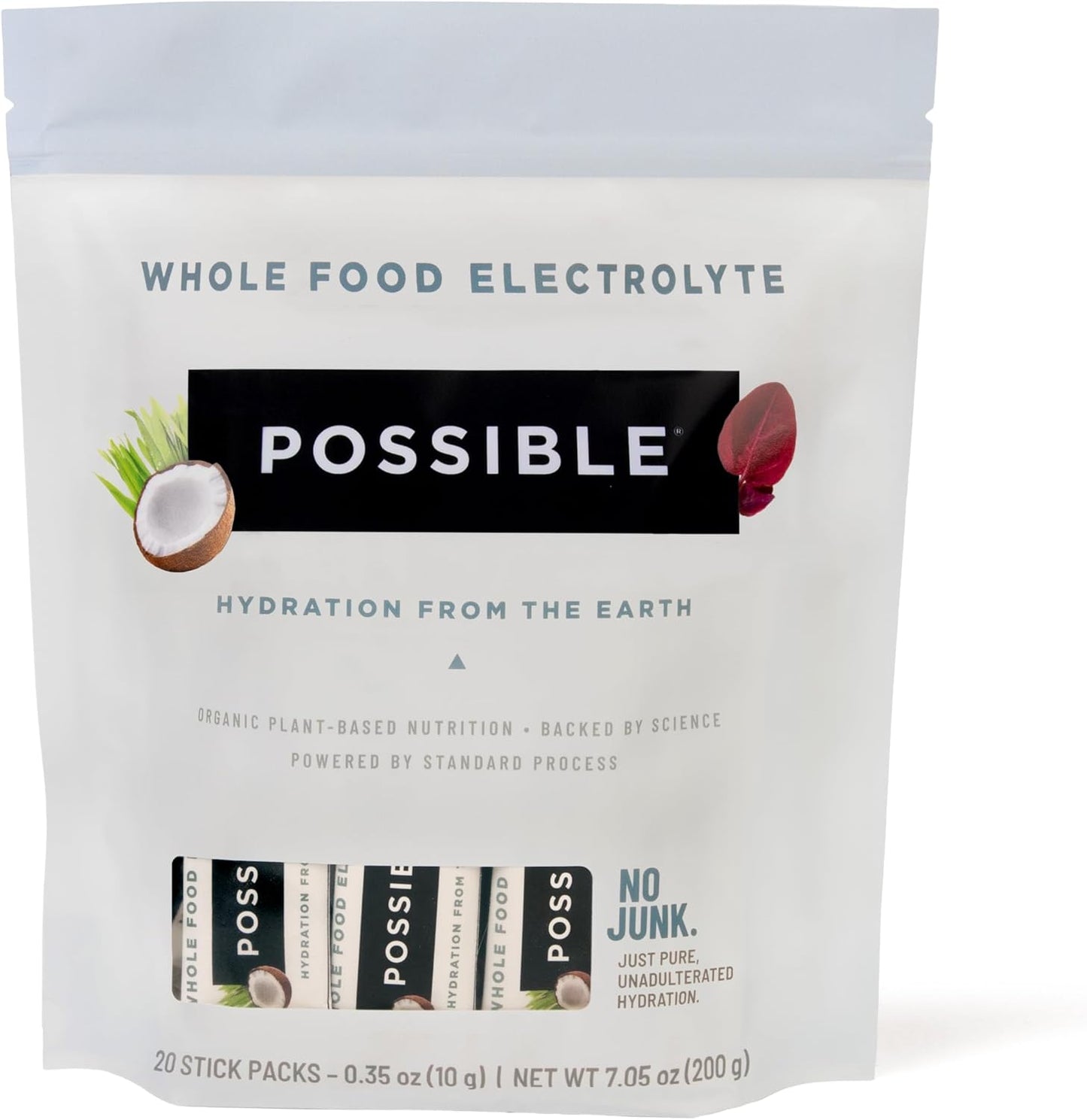 Possible Whole Food Electrolyte - Powder Drink Mix for Pre-Workout, Post-Workout & Everyday Hydration - Vegan, Plant-Based Wellness - Gluten-Free, USDA Organic - Clean Label - 20 Stick Packs