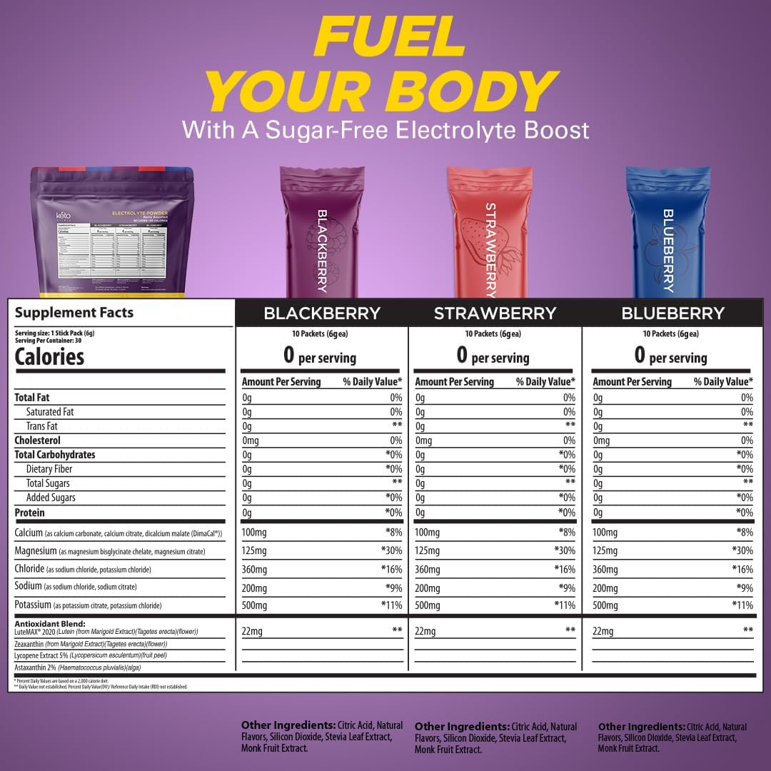 Keto Vitals Berry Electrolytes Powder Packets No Sugar | Keto Friendly Electrolytes Travel Packets | Variety Individual Stickpacks | Energy Drink Mix | Zero Calorie | Zero Carb (Berry Assorted, 30)