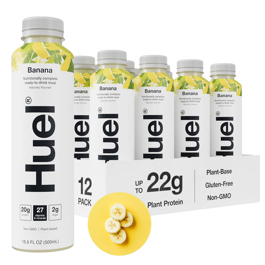 Huel Ready-to-Drink | Banana Meal Replacement Drink | High Protein Drink | Nutritionally Complete, Low Sugar, High Fiber, Plant Based, Vegan, Healthy | 20g Protein Per Bottle, 16.9 Fl Oz (12 Pack)